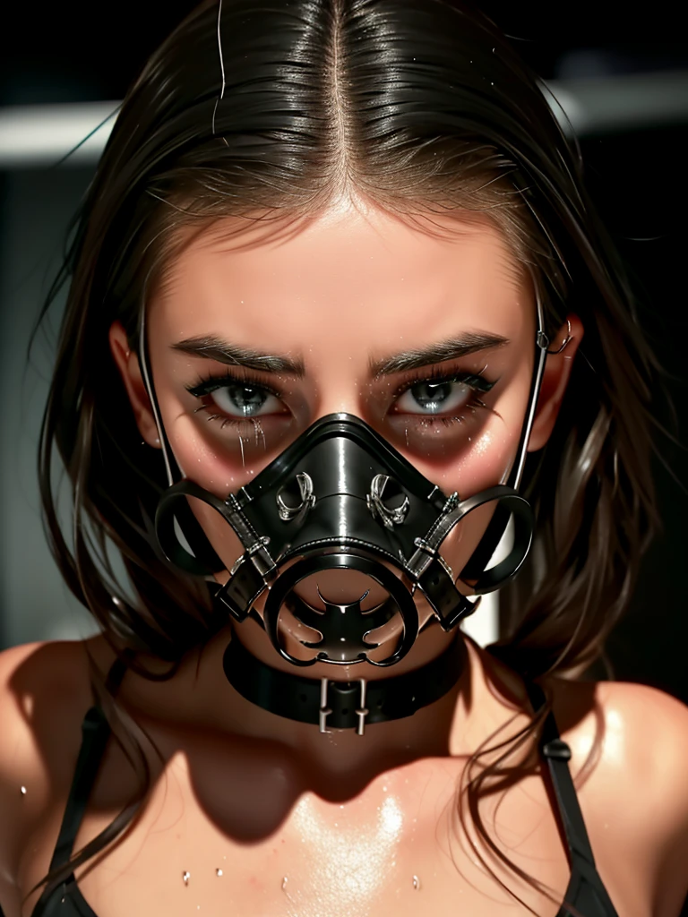 (Selena Gomez, bdsm, bondage, muzzle mask, drool dripping, drool dangling, breathplay), 8k, realistic, drooling, pleading eyes, dripping wet, waiting to be tortured, cleavage, drool all over face, drool all over breasts, breath control, sweating, exact likeness, lots of drool, saliva dripping,