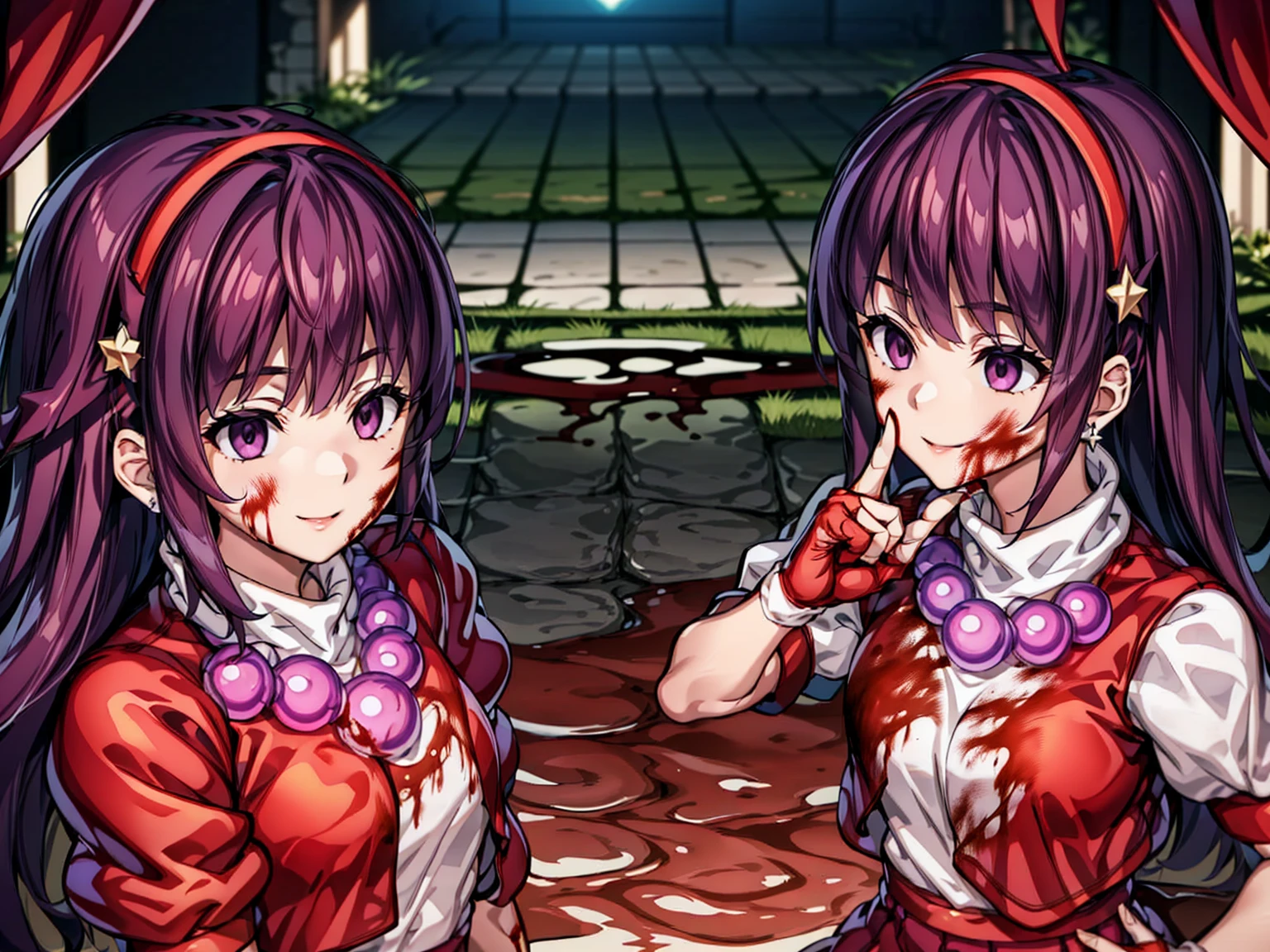 (masterpiece)、(highest quality)、(Very detailed)、Intricate details、Athena 97、( Lots of girls behind:1.8)、alone、Purple eyes、Purple Hair、Hair length、White Earrings、Red Hairband、Star hair ornament、Proper breathing、Red vest、White turtleneck、White puff sleeves、Short sleeve、Red pleated skirt、(Crimson Pantyhose:1.2)、Black Pantyhose、Yellow Belt、Purple sphere necklace、Red fingerless gloves、White short socks、Red Shoes、Wicked Smile、Browsing Caution、In the ruins、Anime Style、(Blood on my face:1.6)、(Preparing for battle:1.2)、Contains Hypnolol、
Hollow Eyes、whole body, Looking at the audience,