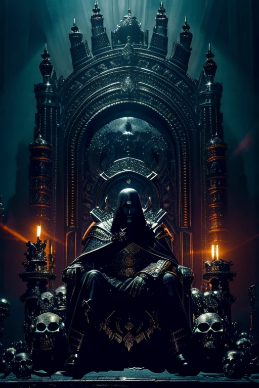 The king of shadows sits on his throne made of skulls in his dark and gloomy palace and looks at you with his glowing eyes.