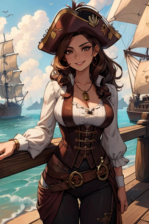 A brown haired woman with copper eyes and an hourglass figure in a pirate's outfit is smiling while leaning forward on a dock of pirate city