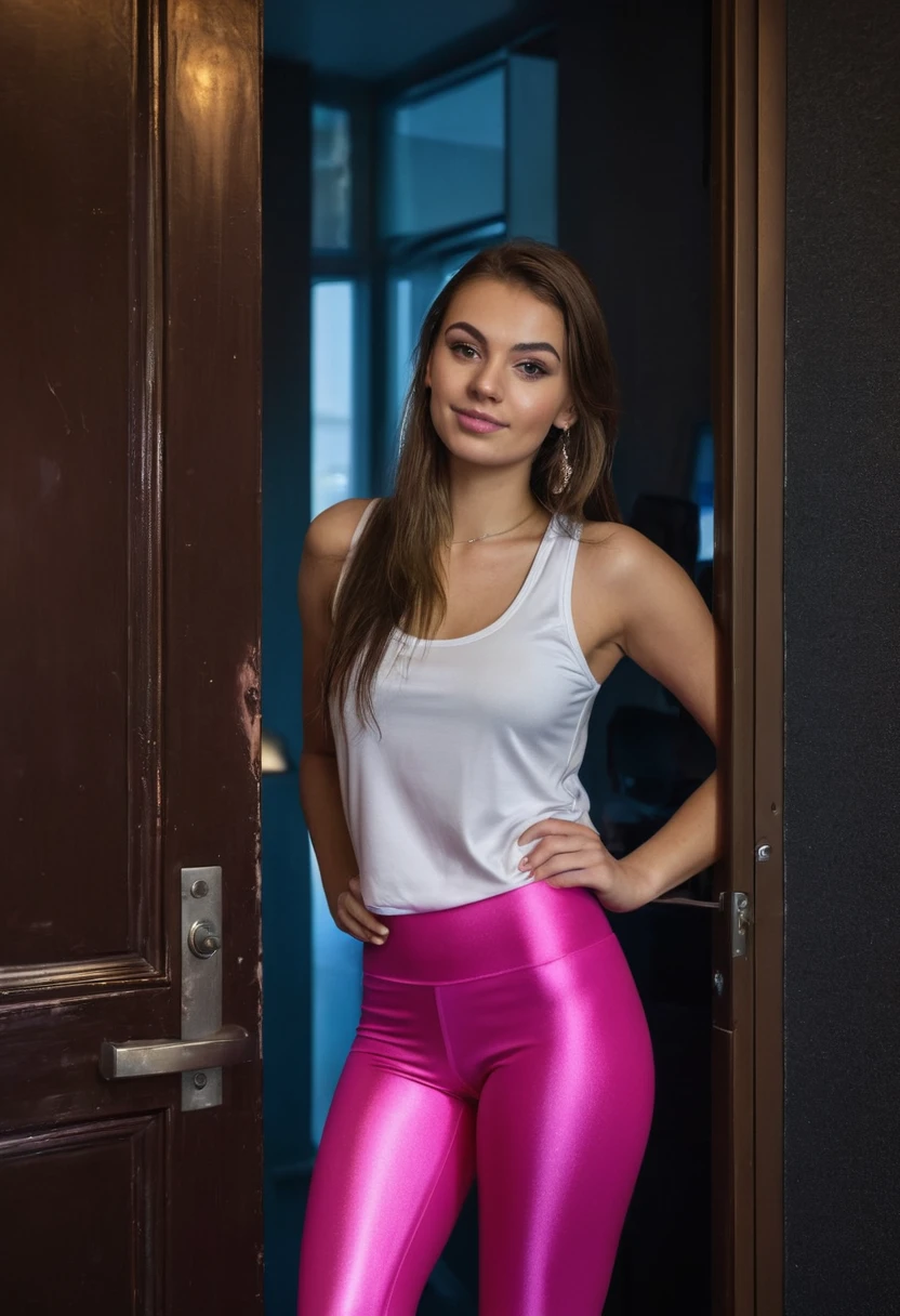 Portrait of a beautiful 25-year-old woman, Rothaarige, beautiful European, tanktop und shiny pink leggins, at the door, (dark private office, dunkles und melancholisches Licht: 1.2)