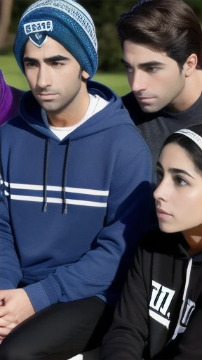 a group of jewish gathered in sweatshirts, focusing on their faces.