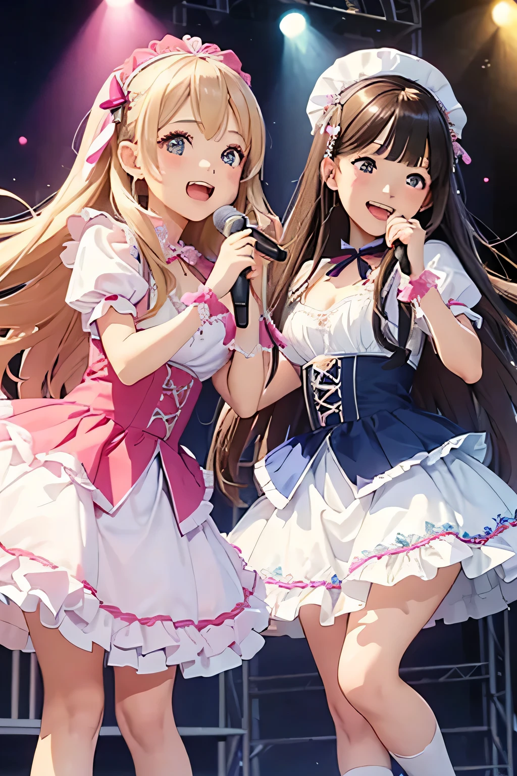 highest quality、High resolution、Detailed Background、(Beautiful face in every detail:1.4)、Anatomically correct、(Detailed facial expressions)、(Detailed eyes:1.2)、(Detailed eyes:1.2)、Teenage beauty、(Highly detailed face:1.4)、Brightly colored hair、well-groomed eyebrows、Cosplay-style sailor dress、No sleeve、White Stockings、(Two beautiful girls smiling and singing on stage:1.5)、dancing、A big smile、Impressive、Uplifting、Idol Style、Show your side、Accentuate your cleavage、
Bright colors and pop colors、pink、yellow、Pastel colors etc.、Ruffles and laces、Sleeves and hems of clothing、Ruffles and laces are applied to the collar etc.、Animal and floral patterns、Motifs such as hearts、Dresses and skirts、Femininity and cuteness、Hair accessories and ribbons