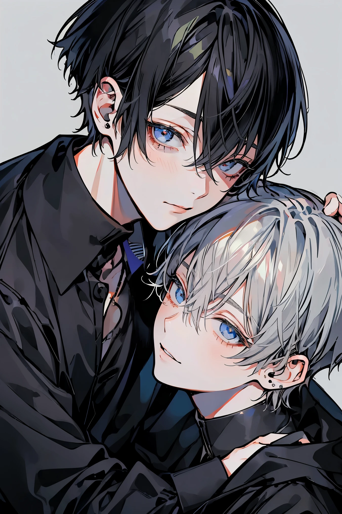 (Mastepiece)、(Best Quality)、Very detailed、((Two close boys:1.5))、Perfect Face、Beautiful Face、Very detailedな顔、4K、8K、(Black-haired man:1.3)、(Grey-haired man:1.3)、shirt、(smile:1.2)