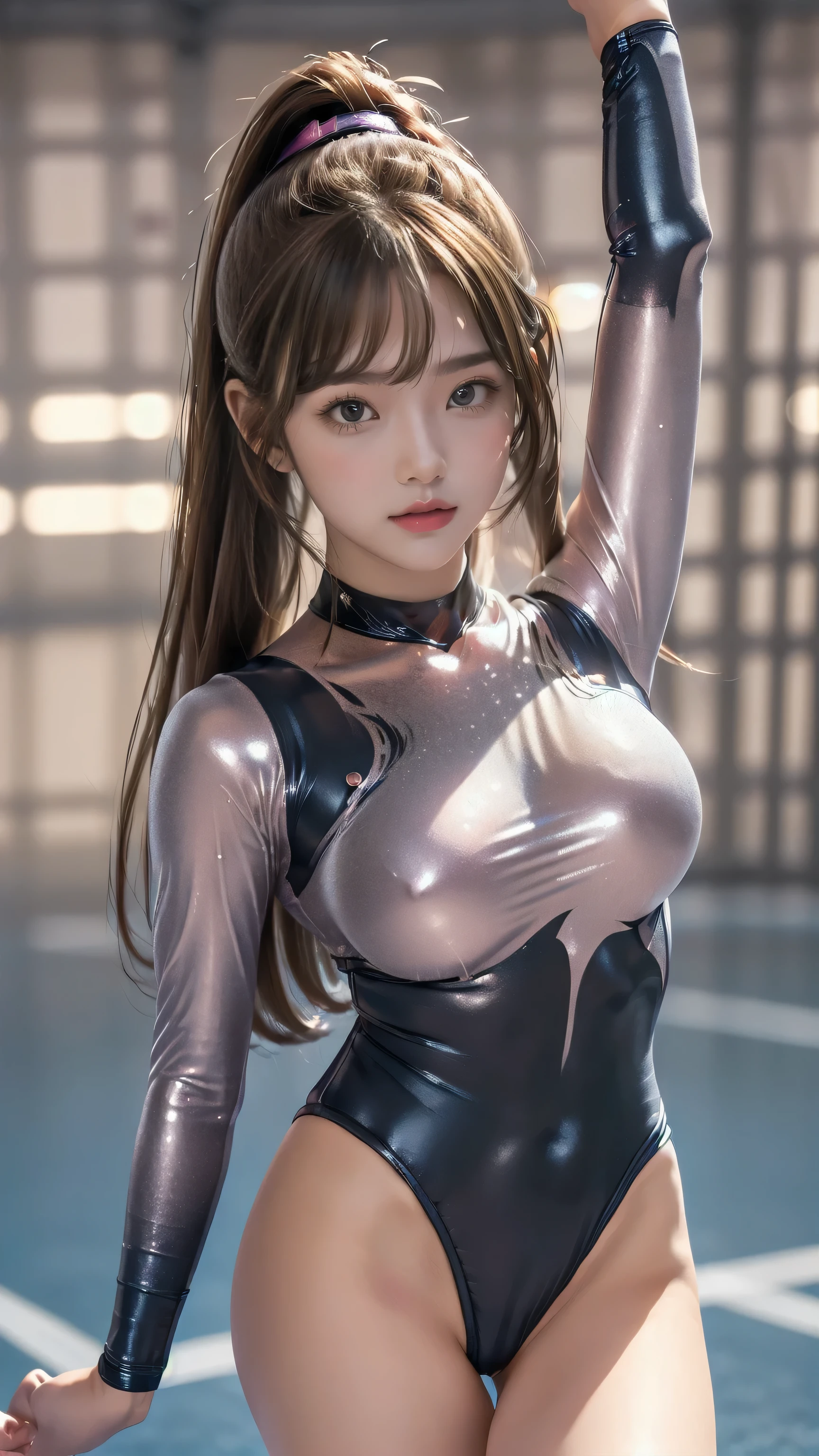 ((Gymnastics Venue:1.3)), ((Highly detailed skin), Beautiful realistic face, White skin, Pointed Chest, Small nipples, Perfect Anatomy, Realistic eyes, Natural Eyes, Brown Eyes, Accurate eye focus, Accurate limbs), (Hyper Realist, Ultra-realistic, 4k, Attention to detail, Ultra-high resolution, highest quality, masterpiece, Presence, dynamic, Uplifting, bold, Sharpness), (Thinning hair:2), (Soft Hair:2), (Straight hair:1.5), Long, slicked bangs, Light copper amber hair, Hair on one eye, (Twin tail hair), (Female gymnast, Detailed costume, She wore a tight-fitting long-sleeved leotard:1.5), Shiny long sleeve leotard, Metallic colors long sleeve leotard, Racing long sleeve leotard, High leg long sleeve leotard, Long sleeve leotard with crystals, ({Metallic pink color| Metallic gold color| Metallic silver color| Metallic red color| Metallic navy color| Metallic purple color| Metallic black color| Metallic colors|}Long sleeve leotard colors), (Big Breasts:1.3), tall, Long, slender limbs, The long-sleeved leotard is digging into her butt, Open leg style, barefoot, ((Full body portrait, Photograph the whole body, looking at the camera, Looking into the camera, smile, Underhair does not grow)),