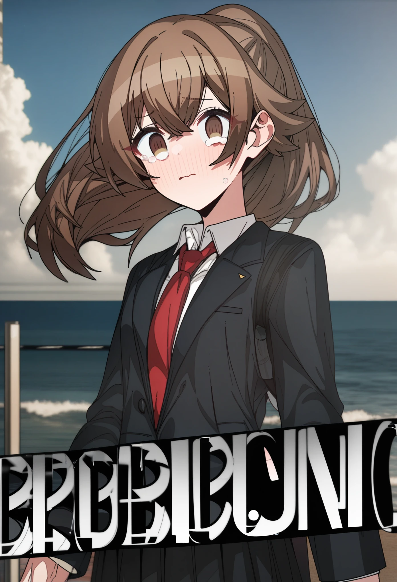 hoshino_(blue_archive) with brown hair and hazel eyes, Artist, erere, Copyrights, idolmaster, idolmaster_shiny_colors, Character, General, 1girl, brown_hair, medium_breasts, breasts, long side_bangs, ponytail, detailed eyelashes, beautiful girl:1, hazel_eyes, censored, clouds, detailed background, school_uniform, black skirt, black blazer, black_sleeves, pleated skirt:1.2, blazer, red tie, medium shot photography:1.1, standing in middle:1.1, sea, sky:1.5, round_eyes, detailed, outdoors, looking_at_viewer, masterpiece, best_quality, great_quality, girl, solo, center_composition, centered character, cute, tears, crying, constricted_pupils, wide-eyed