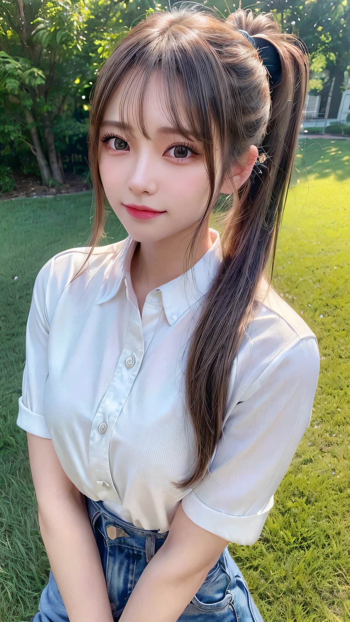 White collared shirt and jeans,outdoors,Urban Park,On the lawn,Ultra-detailed, finely detail, hight resolution, 8K Wallpaper, Perfect dynamic composition, Beautiful detailed eyes,Outdoor,Close-up of face,Outdoor,Blushing,Facing forward,,Long hair ponytail,((8K, Raw photo, Best Quality, Mastepiece:1.2), (Realism, Photorealistic:1.4), (Highly detailed 8k wallpaper), Depth of written boundary, Cinematic Lighting, Soft Light, Detailed Beauty Eye,Shiny and smooth light brown ponytail, Asymmetrical bangs, Shiny skin, Ultra-detailed skins ,It is high resolution., High detail, Detailed hairstyle, Detailed facial beauty, Hyper-realistic, Perfect limbs, Perfect ??????? ,1 Japanese girl,Famous Japanese Idols, Perfect female body,A shy smile,Short eyelashes,Double-edged eyelids,Look straight here,Hair style: ponytail,