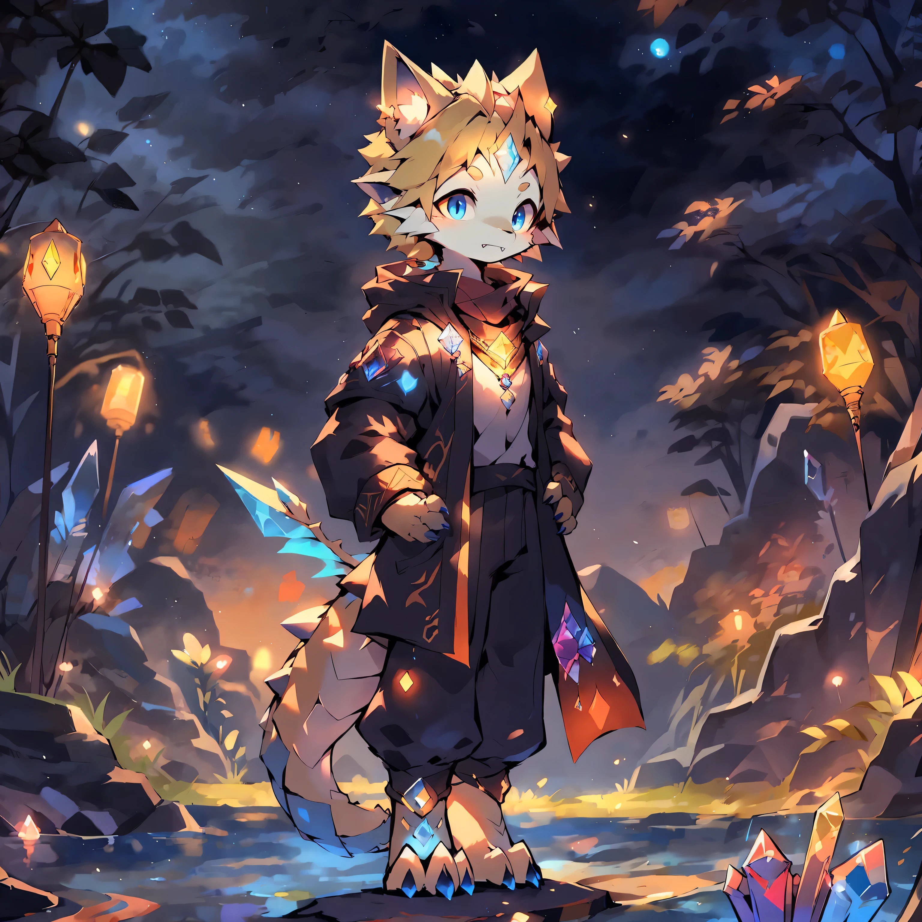 Midnight, Creek, Firefly, Blue Moon, Moonlight, Barbs, Lots of Fine Scales, Starry Sky, Crystal, Dragon Boy, solo, Cub, White Skin, Blonde Hairstyle, Detailed Eyes, Broken Golden Vertical Pupils, Fin Ears, Golden Crystal Sparrows, Astrologer, White-Gold Hooded Sweatshirt, Blue and Black Trench Coat, Golden-Blue Streamers, Blue Pants, Blue and Beige Scarves, Firefly Lanterns, Prismatic Gemstones on the Forehead, Starry Water, Floating Spell Book, Dragon Features, Slender and Slender Fine-Scaled Tail, Crystal Spiked Tail, Slender Golden Crystal Dragon Horns, Golden-Blue Wings, Wingspan, fangs, full body gold and blue crystal scales, larger foot claws, larger hand claws, full body fine scales, more scales, glowing textures, crystal balls, starlight, magic balls, magic lighting, surrounding, Starry sky tattoo, star motif