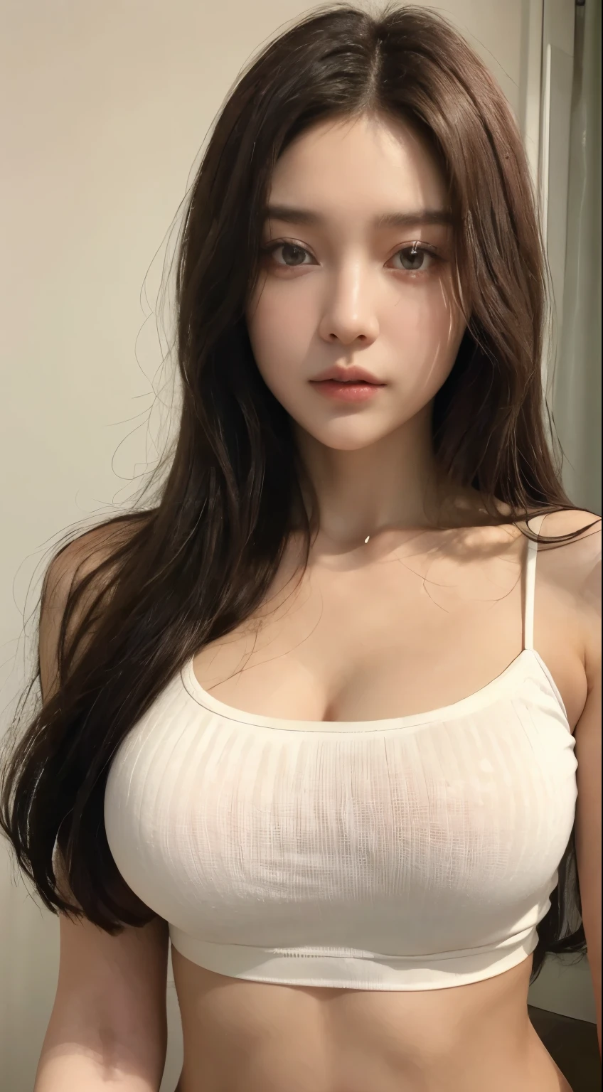 ((realistic lighting, best quality, 8K, masterpiece: 1.3)), clear focus: 1.2, 1 woman, perfect look: 1.4, big bust ((dark brown hair)), (white crop top: 1.4), bedroom, super fine face