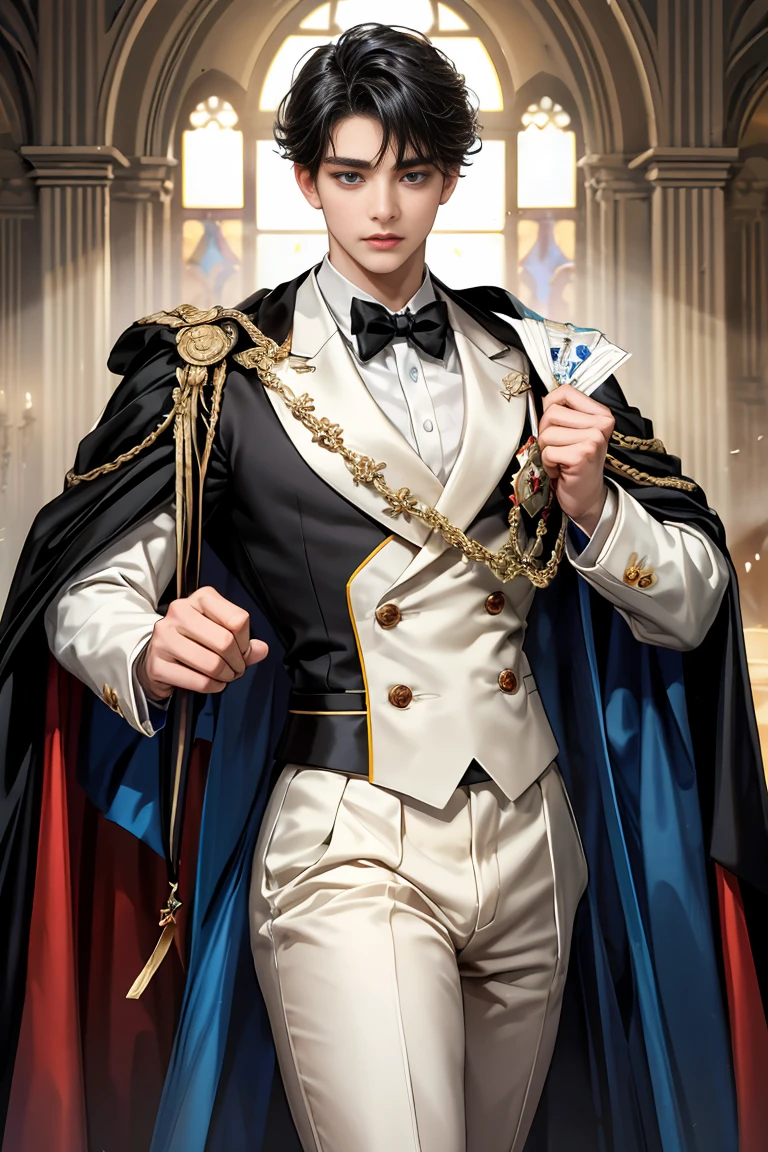 masterpiece, 最high quality, high quality, 1 boy, alone, Male focus, Watching the audience, Messy black hair, Adorable big blue eyes, White, Noble, Noble,Sexy voluminous cape、Tuxedo、A very voluminous, large, very large, very large, long, long red and black cape with a high stand-up collar, reaching down to the floor, made of a lot of fabric., 17 years old,Cute beautiful boys,Cute, cute, kind, handsome guy
