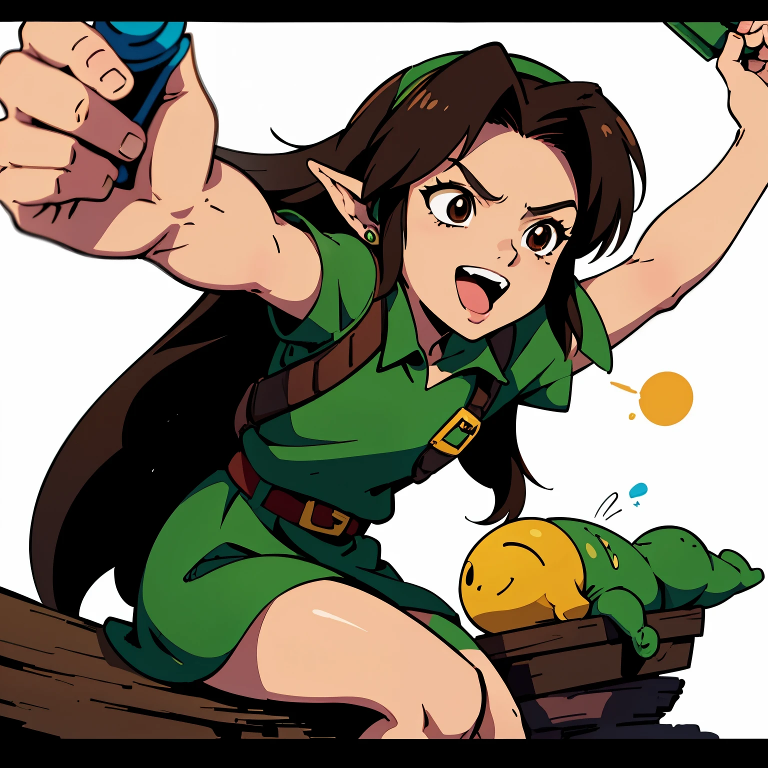 A girl, with cosplay of Link, laughing, black long hair, brown eyes, sticker, cartoon art, white background, legend of zelda character