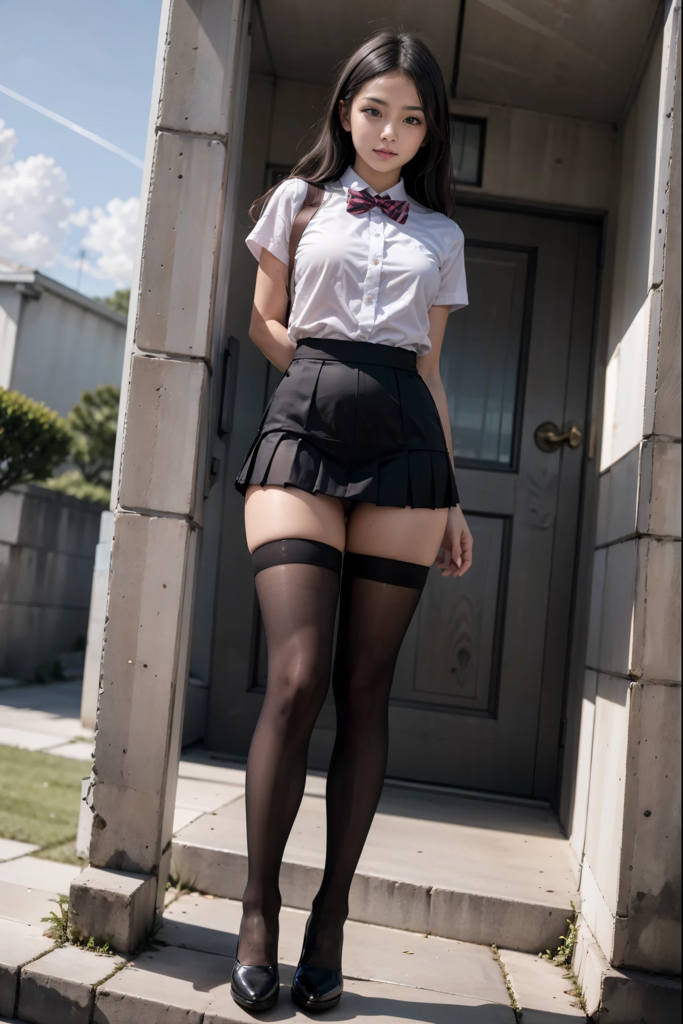 Realisticな紺色ブレザーの制服を着用しています, 下半身が長い女子高校生の2peopleはBlack Stockingsを必ず着用しています, (8k), (highest quality: 1.2), (Realistic), Ultra-high resolution, Very detailed, (RAW Photos:1.4), (女子高校生2peopleがこちらを向いて立っています),((Full body photography)), Japanese high school girls, 19 years old, Detailed skin, Super cute face, (FカップBig Breasts:1.3), Cleavage, Fold your arms in front of your chest, (Realisticな紺色ブレザーの制服:1.7), (Winter uniforms), (The pleated mini skirt is very short:1.4), (広い太ももとLong legs:1.5), (Seamless black stockings:1.3), ((女子高校生はBlack Stockingsを必ず着用しています)), (Wearing high-heeled brown heels), Accurate high heels, The model is a high school girl.2peopleです、20歳のFカップBig Breasts筋肉Gal姉妹が2people立っています。A tall high school girl with a model figure2people。このGalはFull body photoで紹介されており、Black Stockingsを着用した非常に広い太ももと非常にLong legsが強調されています。彼女のBlack Stockingsを着用した脚は筋力1.7 is muscular。彼女はBlack Stockingsとハイヒールを履いて自信を持って地面に立っており、8K Resolution for Realism (1.4) のタッチを備えた芸術のmasterpieceを作成しています。Blonde short cut etc.、She has a cute Japanese face with realistic facial features.。ポートレートがUltra-high resolutionで超リアルになっています。Golden Ratioに則った緻密なアートワークで、It expresses the cuteness of high school girls.。Wearing a micro he always wears black stockings、High heel loafersでスタイルを完成させています。In addition to her leggy physique、Wearing a high waisted micro mini skirt and black stockings、I exude confidence。The appearance of high school girls、Black Stockingsに包まれた幅広の太ももとLong legsによって完成されます。The overall artwork is detailed、Unique high school girl2peopleの視覚的に素晴らしいイメージを作り出しています。((モデルは2peopleいます:1.8))、Remu Suzumori、remu suzumori、(24歳のFカップにGalが立っています),Gal、(モデル体型の長身女子高生2people)、Full body photo、(Very wide thighs, とてもLong legs), High heels on the ground, (masterpiece:1.3), (8k, Realistic, highest quality: 1.4), Beautiful Face, (Realistic face), (Blonde short cut:1.3), Very beautiful eyes, Realistic skin, Ultra-high resolution, Super Realistic, Very detailed, Golden Ratio, cute, cute女子高生, Surreal school girl, pleated micro mini skirt, (Black Stockingsを必ず着用しています)、High heel loafers, Full body portrait, (Big Breasts)、Black bag、A high school girl in a JK uniform, high waist micro mini skirt, (Black Stockings)、High heel loafers, Full body portrait, (wide thighs)、(Long legs)、