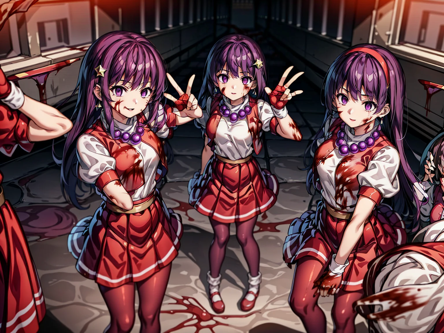 (masterpiece)、(highest quality)、(Very detailed)、Intricate details、Athena 97、(8 girls:1.6)、alone、Purple eyes、Purple Hair、Hair length、White Earrings、Red Hairband、Star hair ornament、Proper breathing、Red vest、White turtleneck、White puff sleeves、Short sleeve、Red pleated skirt、(Crimson Pantyhose:1.2)、Black Pantyhose、Yellow Belt、Purple sphere necklace、Red fingerless gloves、White short socks、Red Shoes、Wicked Smile、Browsing Caution、In the ruins、Anime Style、(Blood on my face:1.6)、(Preparing for battle:1.2)、Contains Hypnolol、
Hollow Eyes、whole body, Looking at the audience,