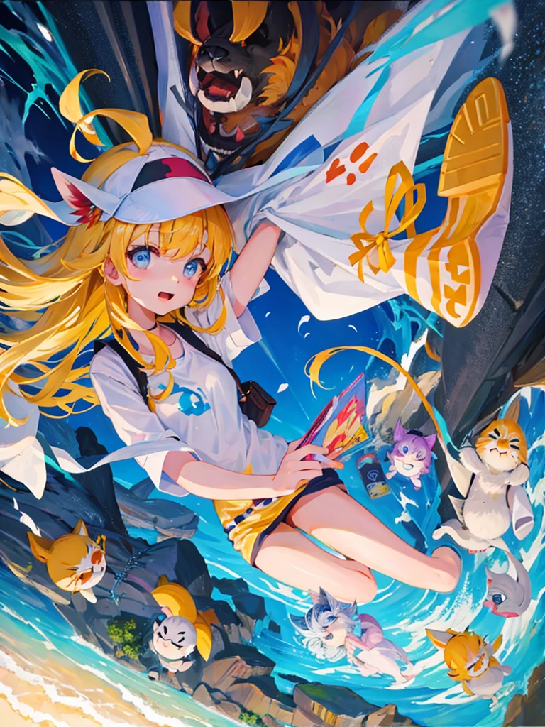 it's raining、Street Corner、One girl、Holding an umbrella、Gray Hair、Hair tied up、Jeans shorts、Light blue hoodie、Pink sneakers、Open mouth smile、Highest品質, High definition, Ultra-fine, Highest_detailed