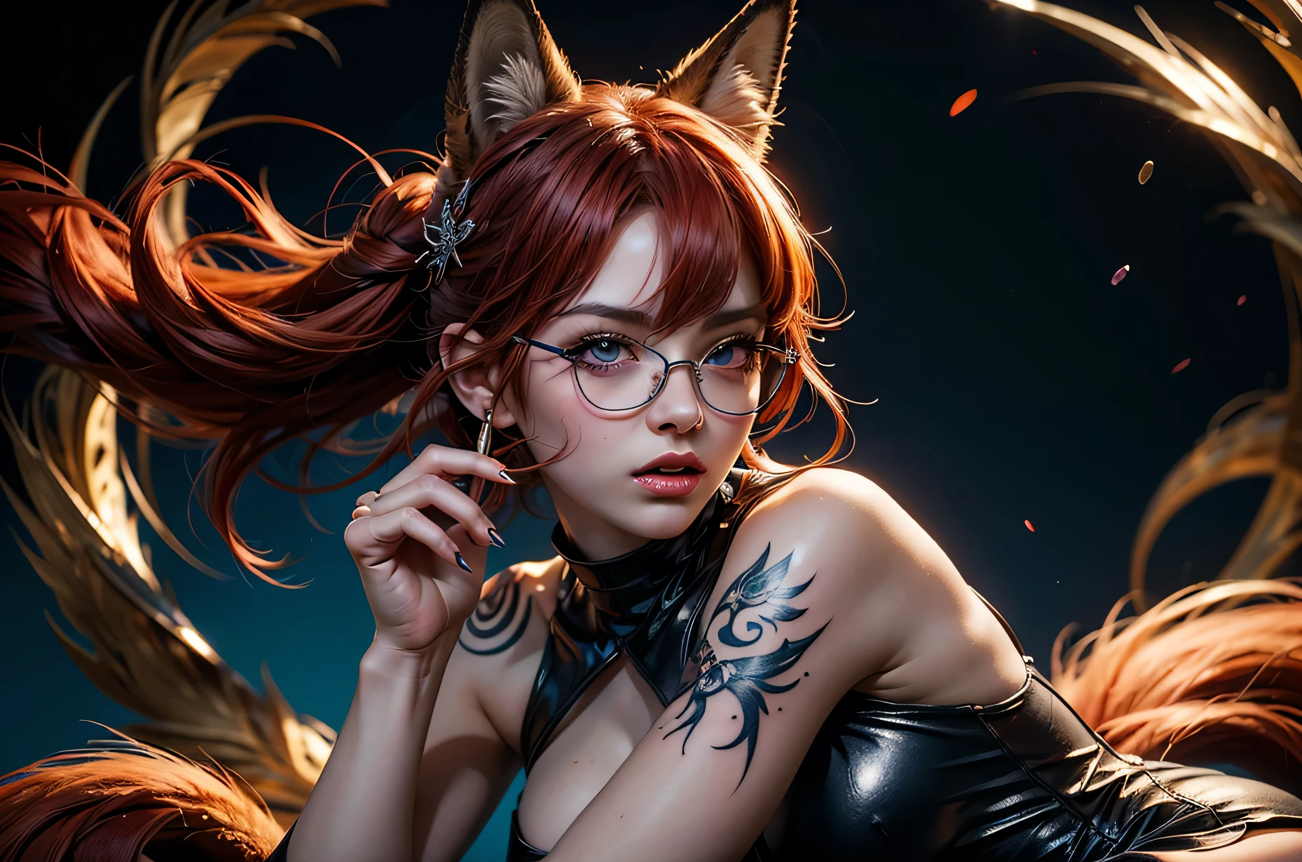 On the hood of expensive sport car in seductive pose sitting nine tailed fox women, she have red hair with black highlighther eyes are green, she have saxy make up and seductive face expression, on her fox ears lot of pierscing, she have blue batterfly tattoo on her shoulder, she dressed in topic and short skirt with long stokings and snikers, there's glasses on her face, she licking lolly pop that she hold in her hand, (ultra high quality fantasy art, dark fantasy style, masterpiece, ultra high quality character design, 8k quality anime art, realistic anime art, top quality wallpaper illustration, detailed ultra high quality accurate face, high quality design and accurate physic