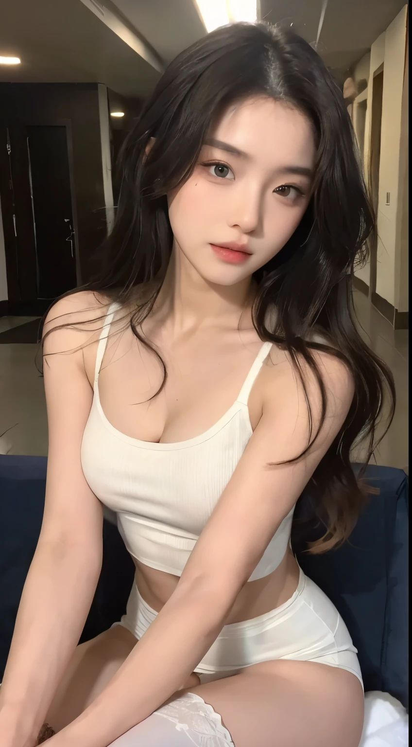 ((best quality, 8K, masterpiece :1.3)),beautiful woman,hide your face,2 women,big breasts are beautiful:1.3,slim abs:1.1,white stockings,,long black hair,(sitting on bed),very detailed face,very detailed lips,eye for detail,The double eyelids are clearly in focus.. :1.2, perfect figure beautiful woman:1.4, slim abs:1.2, ((layered hairstyle:1.2)), (tank top shirt:1.1 ), (corridor:1.2), very detailed face 및 피부 질감, eye for detail, double eyelid