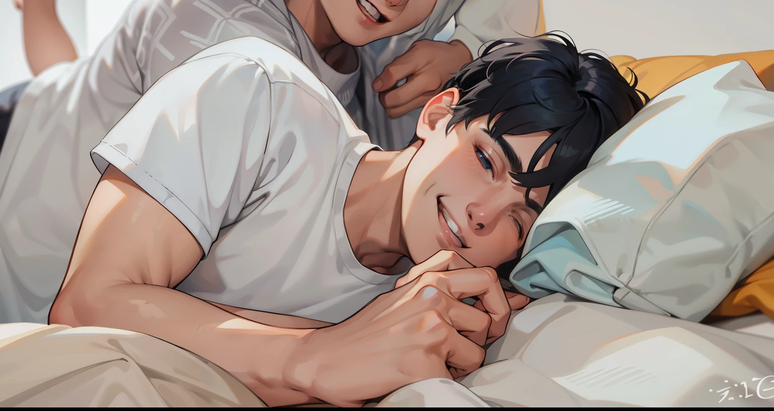 19-year-old man is lying on bed with gray hair and speaks, smiling