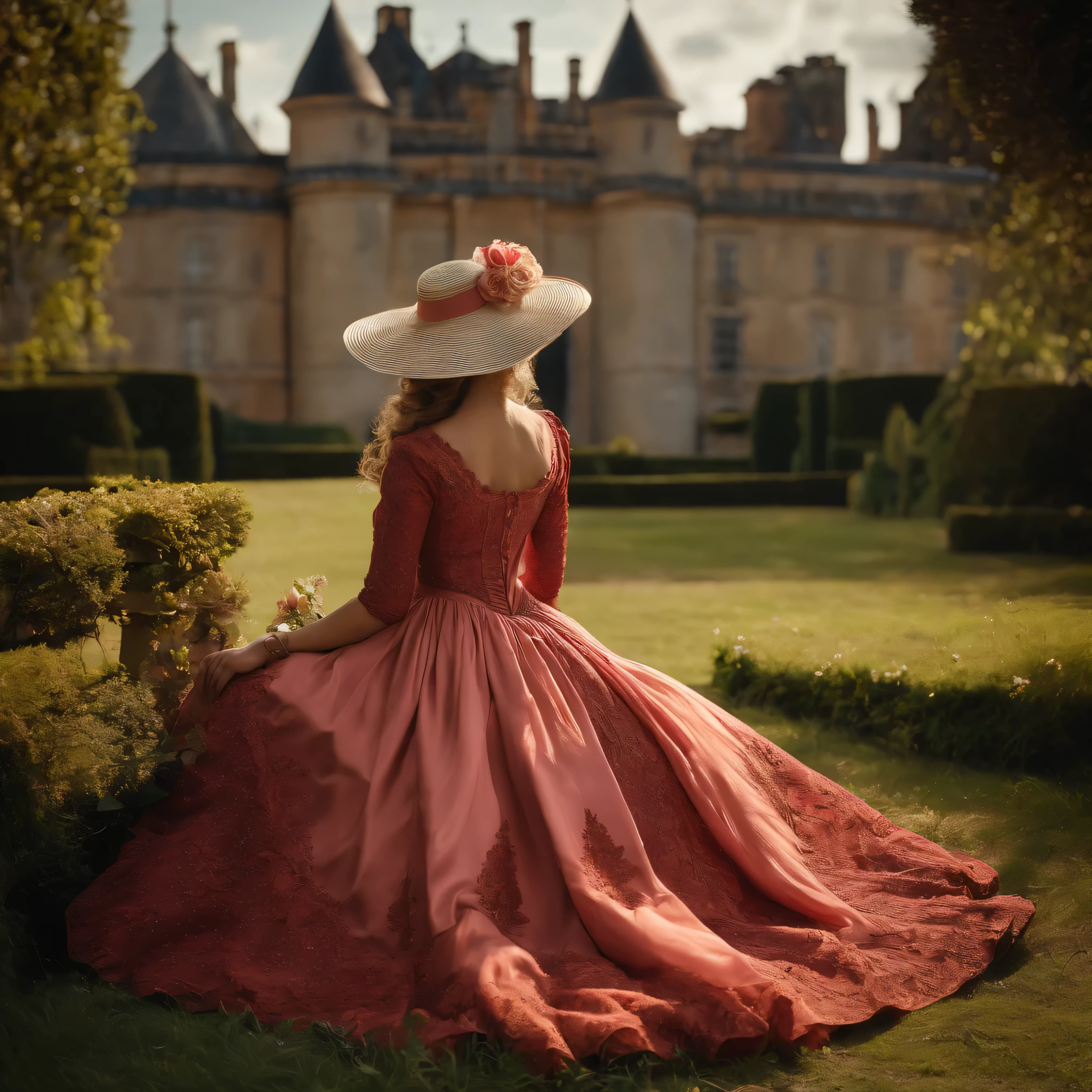 A woman sitting in the garden of an 18th century castle, com outras 7 mulheres. All with hats and period clothing