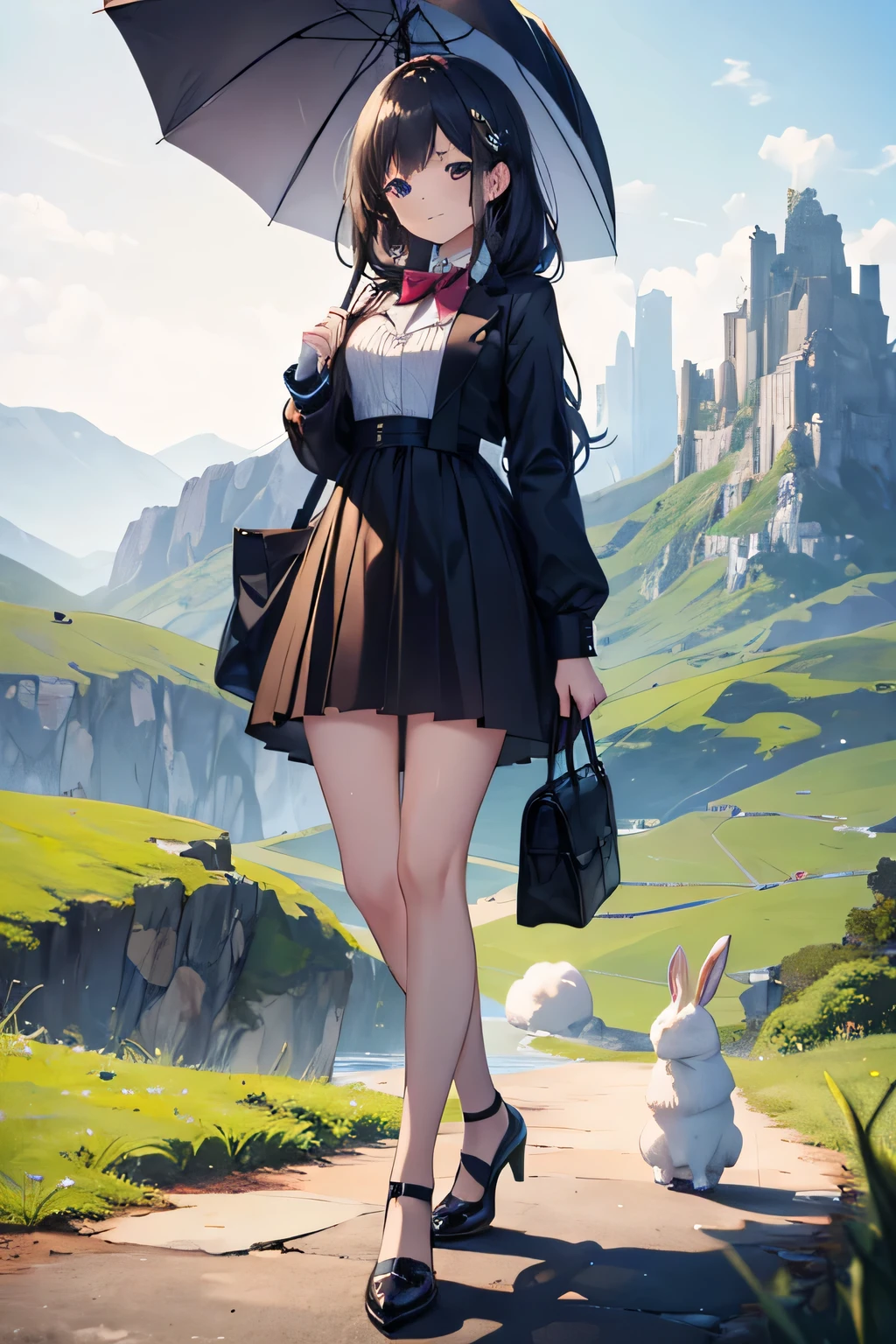 girl, whole body ,Landscape, Holding an umbrella, Holding a rabbit in his right hand, A rabbit and a woman's noses are touching
