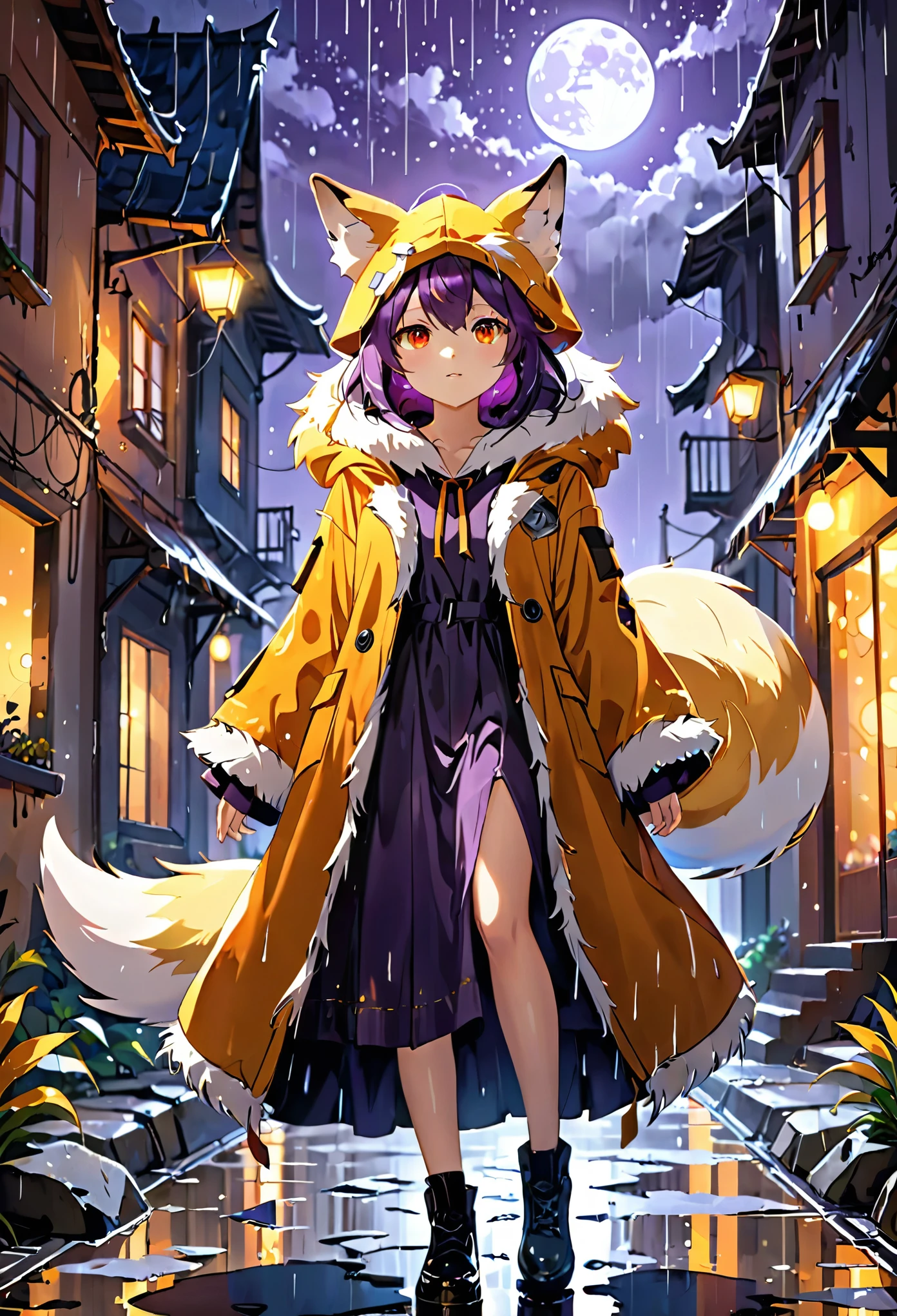 masterpiece, best quality, 4K，Ultra-delicate, Shota the fox, solo, Skin fur, Golden fur, Golden yellow face fur, Red eyes, Brown elements on fur, Brown coat brown hood up, Beautiful lights and shadows, Ambient light, Ultra-fine fur, natural  lighting, Fluffy tail, Dilapidated building, Plant elements in ruins, Night, starry sky, Shiny hair(moon full, meteors)Star cloud, Warm light source, Rained, wet clothes(overcast sky, Standing downpour)Extra-long sleeves, Purple and orange, Complicated details, Volumetric lighting, Dynamic configuration, luminous lighting, Atmospheric lighting, dream magical, magic, Glowing light,