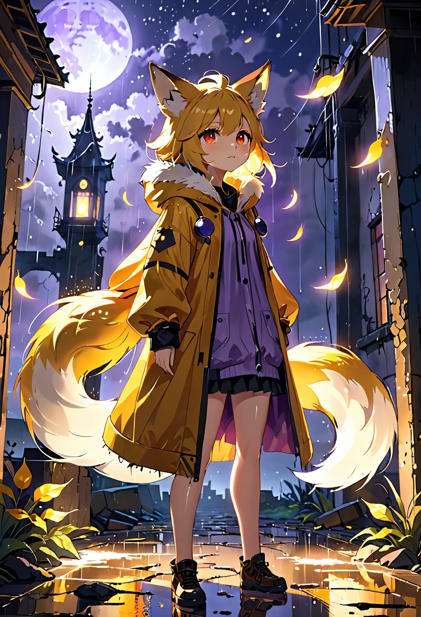 masterpiece, best quality, 4K，Ultra-delicate, Shota the fox, solo, Skin fur, Golden fur, Golden yellow face fur, Red eyes, Brown elements on fur, Brown coat brown hood up, Beautiful lights and shadows, Ambient light, Ultra-fine fur, natural  lighting, Fluffy tail, Dilapidated building, Plant elements in ruins, Night, starry sky, Shiny hair(moon full, meteors)Star cloud, Warm light source, Rained, wet clothes(overcast sky, Standing downpour)Extra-long sleeves, Purple and orange, Complicated details, Volumetric lighting, Dynamic configuration, luminous lighting, Atmospheric lighting, dream magical, magic, Glowing light,