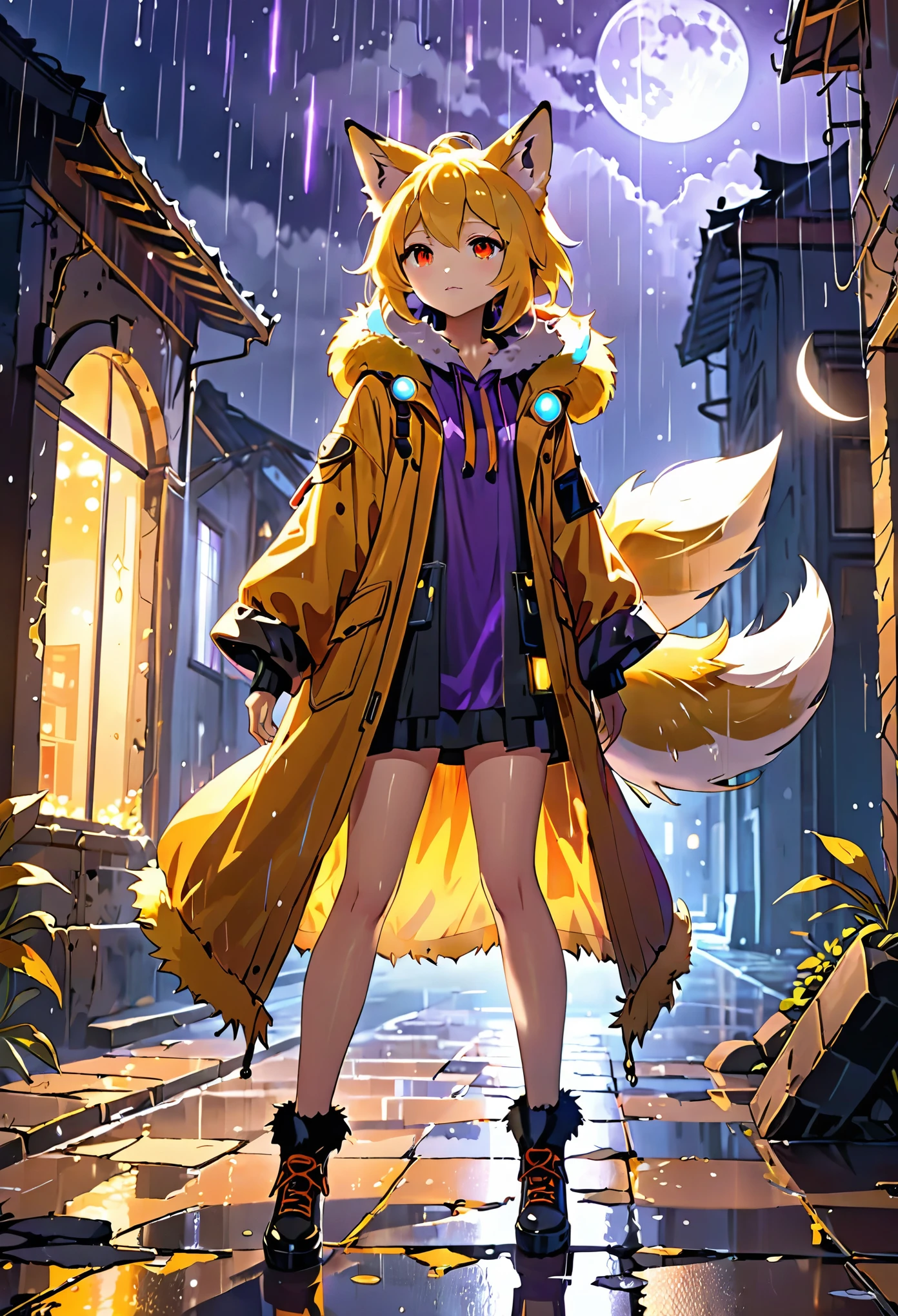 masterpiece, best quality, 4K，Ultra-delicate, Shota the fox, solo, Skin fur, Golden fur, Golden yellow face fur, Red eyes, Brown elements on fur, Brown coat brown hood up, Beautiful lights and shadows, Ambient light, Ultra-fine fur, natural  lighting, Fluffy tail, Dilapidated building, Plant elements in ruins, Night, starry sky, Shiny hair(moon full, meteors)Star cloud, Warm light source, Rained, wet clothes(overcast sky, Standing downpour)Extra-long sleeves, Purple and orange, Complicated details, Volumetric lighting, Dynamic configuration, luminous lighting, Atmospheric lighting, dream magical, magic, Glowing light,