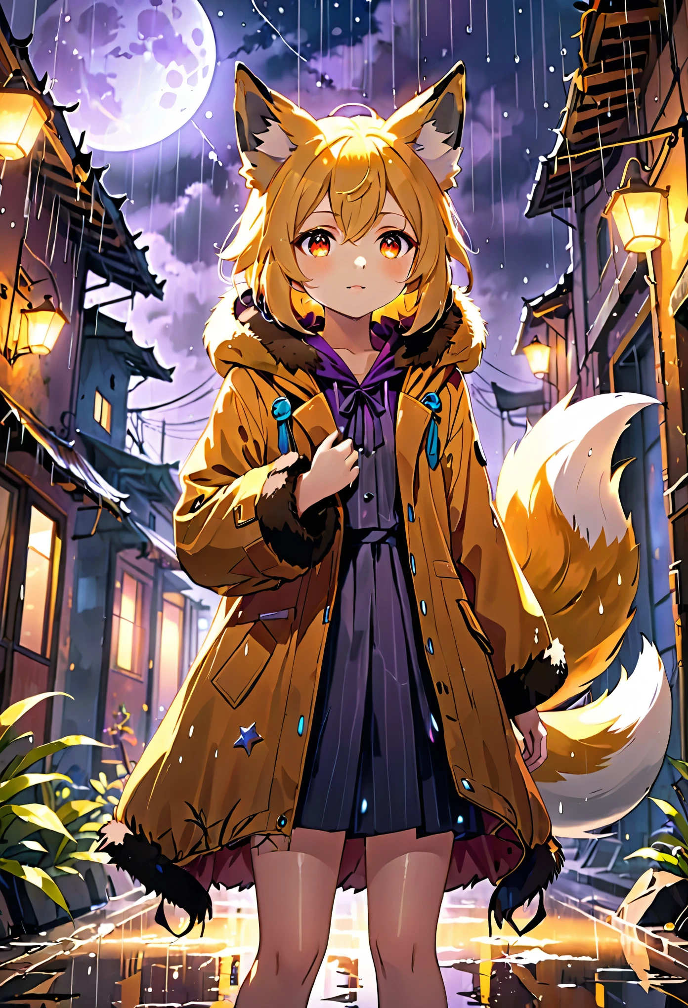 masterpiece, best quality, 4K，Ultra-delicate, Shota the fox, solo, Skin fur, Golden fur, Golden yellow face fur, Red eyes, Brown elements on fur, Brown coat brown hood up, Beautiful lights and shadows, Ambient light, Ultra-fine fur, natural  lighting, Fluffy tail, Dilapidated building, Plant elements in ruins, Night, starry sky, Shiny hair(moon full, meteors)Star cloud, Warm light source, Rained, wet clothes(overcast sky, Standing downpour)Extra-long sleeves, Purple and orange, Complicated details, Volumetric lighting, Dynamic configuration, luminous lighting, Atmospheric lighting, dream magical, magic, Glowing light,