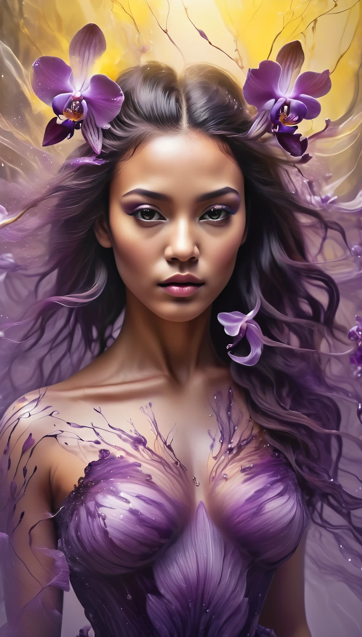 Hyper-realistic airbrushed drawing in the style of Marc Allante and Alan Aldridge, a black and purple orchid transitioning into a girl with a mystical double exposure, strands of her hair transforming into delicate leaves and petals that flutter with the motion of a ballerina, the scene bathed in magic yellow smoke that weaves through the composition, nature seamlessly blending with fantasy in a surreal dance of light and color. High Resolution, High Quality , Masterpiece