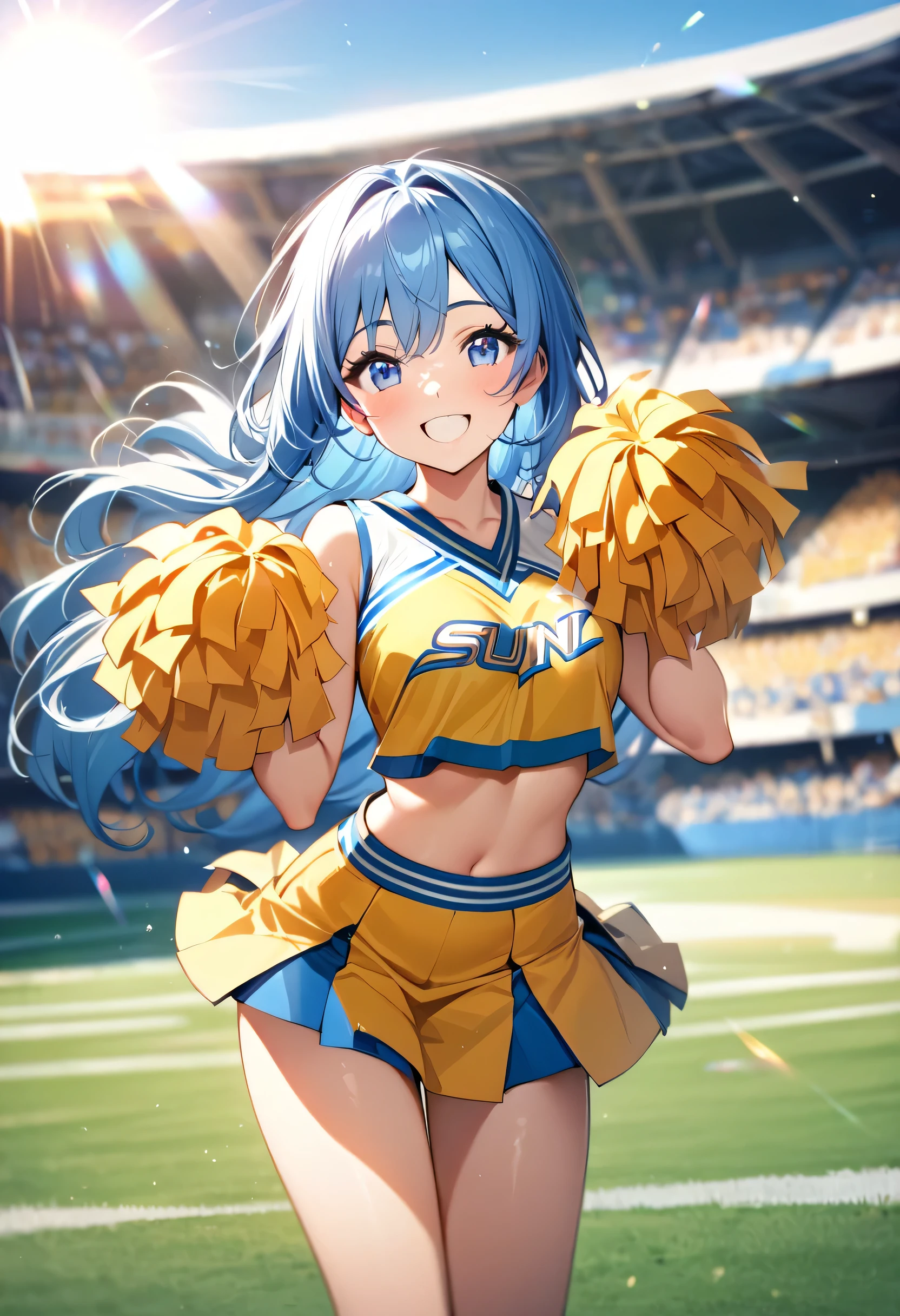(female): solo, (perfect face), (detailed outfit), (20 years old), f beautiful female, happy, (smiling), whole body, blue hair, long hair, blue eyes, (cheerleader),  (background): from front, outdoor,(sun flare), sunny (effects): (masterpiece), (best quality), (sharp focus), (depth of field), (high res)