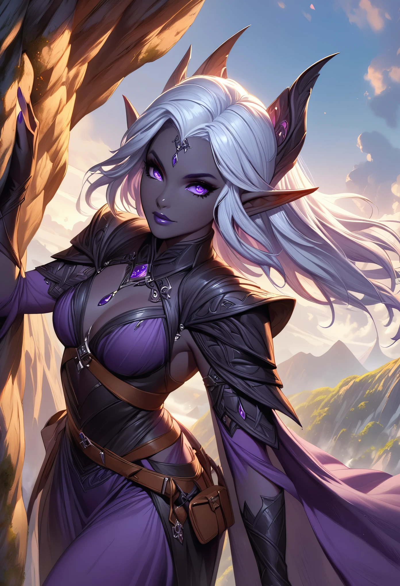 Close-up shot of a woman in a purple dress climbing a mountain, Noah Bradley (Noah Bradley) Inspiring Portraits, cg Social Hotspot, Fantasy Art, Drow, perfect Drow, female Drow elf, Drow ranger, Dark Elves maiden, handsome Drow, Dark Elves, beautiful Dark Elves countess, from Pathfinder, Dark Elves princess