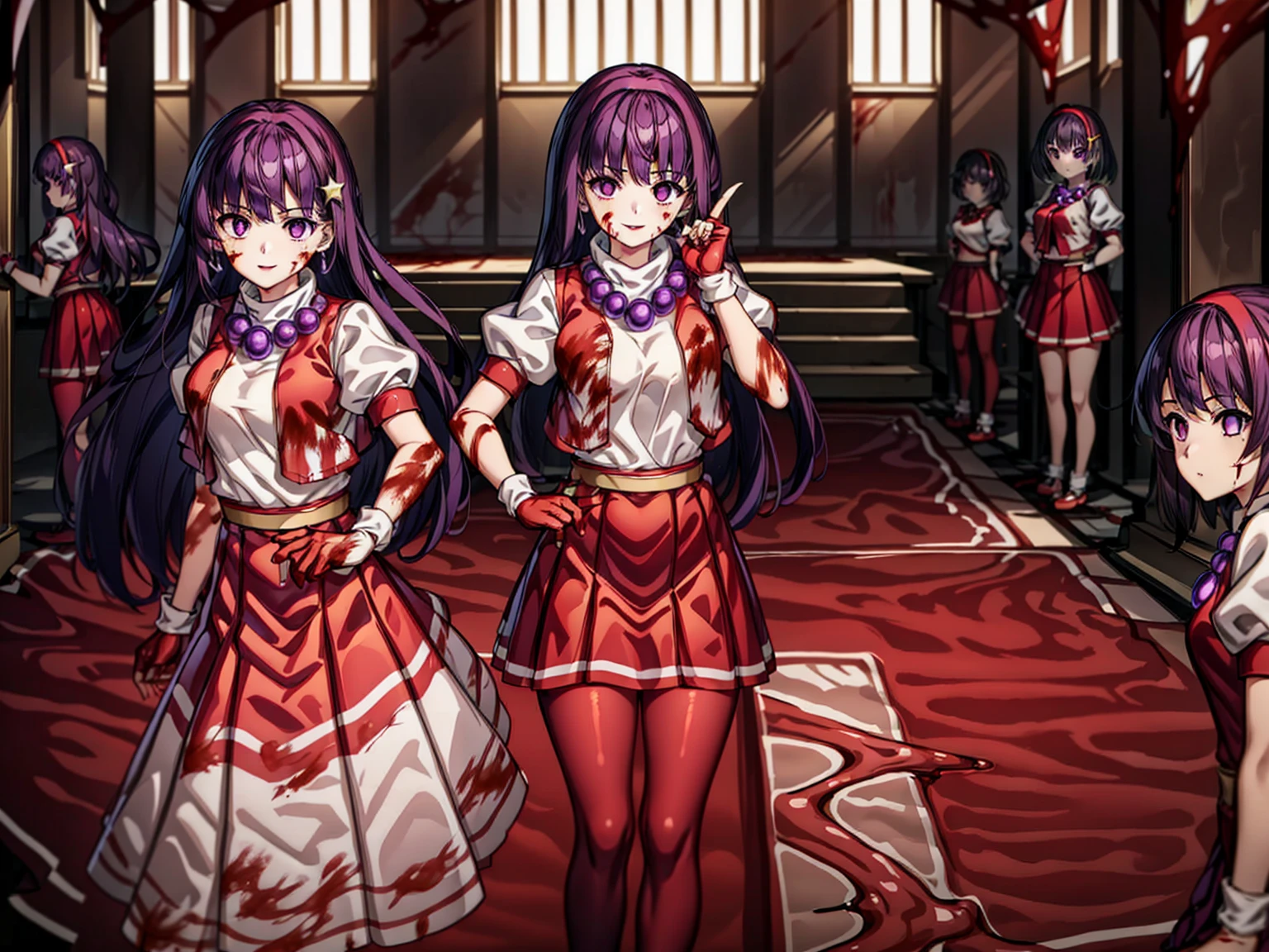 (masterpiece)、(highest quality)、(Very detailed)、Intricate details、Athena 97、(8 girls:2.0)、alone、Purple eyes、Purple Hair、Hair length、White Earrings、Red Hairband、Star hair ornament、Proper breathing、Red vest、White turtleneck、White puff sleeves、Short sleeve、Red pleated skirt、(Crimson Pantyhose:1.2)、Black Pantyhose、Yellow Belt、Purple sphere necklace、Red fingerless gloves、White short socks、Red Shoes、Wicked Smile、Browsing Caution、In the ruins、Anime Style、(Blood on my face:1.6)、(Preparing for battle:1.2)、Contains Hypnolol、
Hollow Eyes、whole body, Looking at the audience,