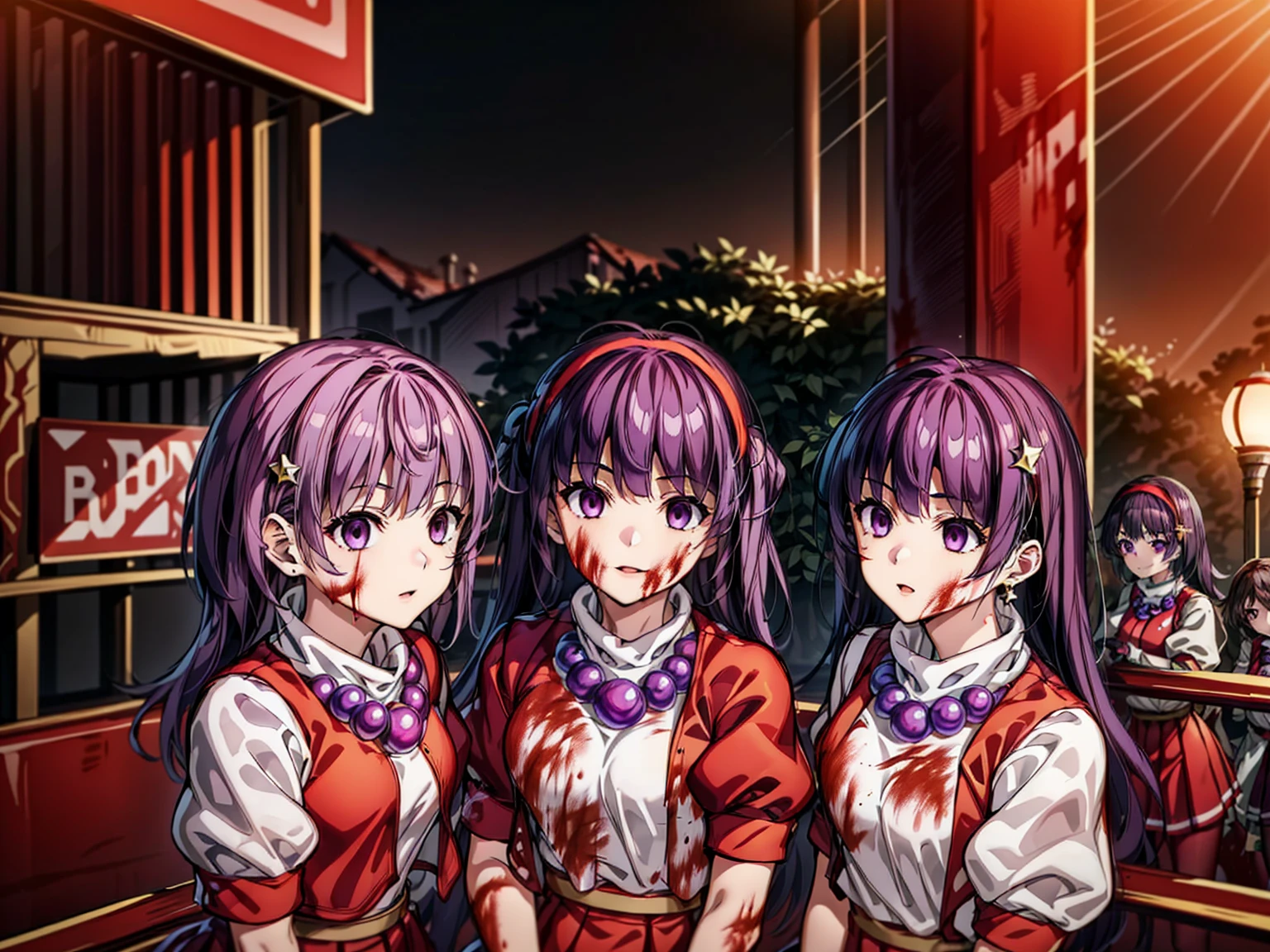 (masterpiece)、(highest quality)、(Very detailed)、Intricate details、Athena 97、(8 girls:2.0)、alone、Purple eyes、Purple Hair、Hair length、White Earrings、Red Hairband、Star hair ornament、Proper breathing、Red vest、White turtleneck、White puff sleeves、Short sleeve、Red pleated skirt、(Crimson Pantyhose:1.2)、Black Pantyhose、Yellow Belt、Purple sphere necklace、Red fingerless gloves、White short socks、Red Shoes、Wicked Smile、Browsing Caution、In the ruins、Anime Style、(Blood on my face:1.6)、(Preparing for battle:1.2)、Contains Hypnolol、
Hollow Eyes、whole body, Looking at the audience,