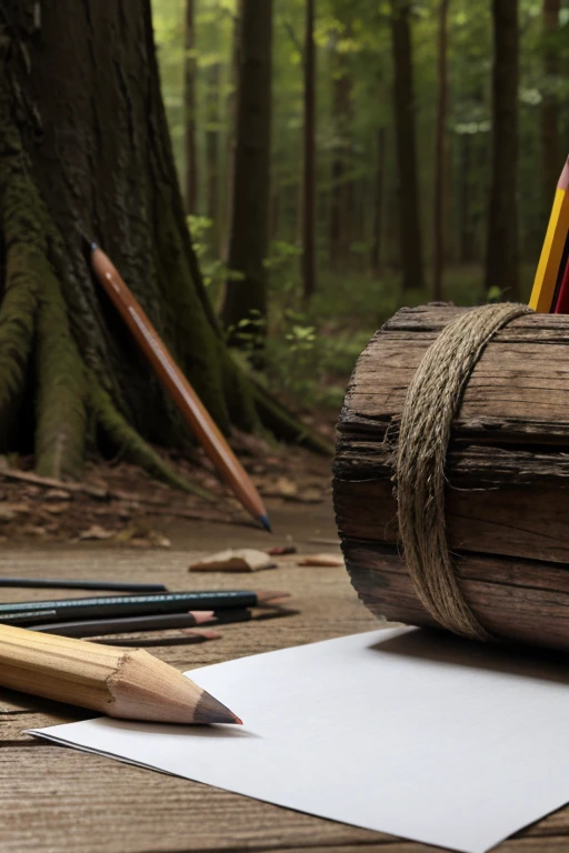 A paper and pencils in canter of the closeup picture of the forest