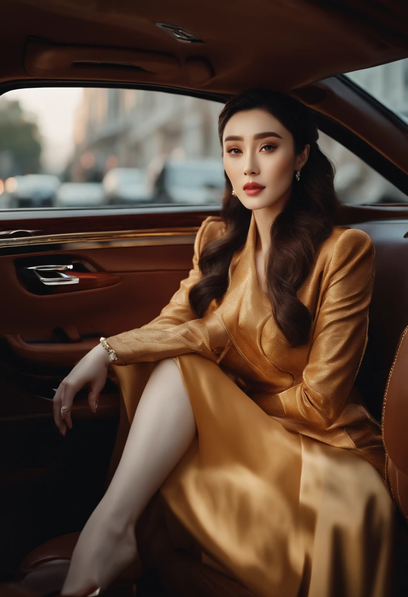a beautiful young woman, Fan Bingbing, sitting in a luxury car, high quality photograph, 4k, 8k, masterpiece, detailed facial features, elegant expression, luxury interior, city street background, photorealistic, cinematic lighting, vibrant colors, dynamic composition