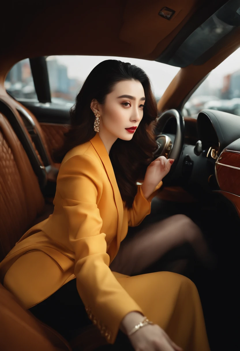 a beautiful young woman, Fan Bingbing, sitting in a luxury car, high quality photograph, 4k, 8k, masterpiece, detailed facial features, elegant expression, luxury interior, city street background, photorealistic, cinematic lighting, vibrant colors, dynamic composition