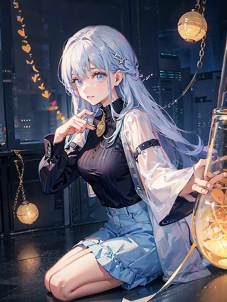 it&#39;s raining、Street Corner、One girl、Holding an umbrella、Gray Hair、Hair tied up、Jeans shorts、Light blue hoodie、Pink sneakers、Open mouth smile、Highest品質, High definition, Ultra-fine, Highest_detailed