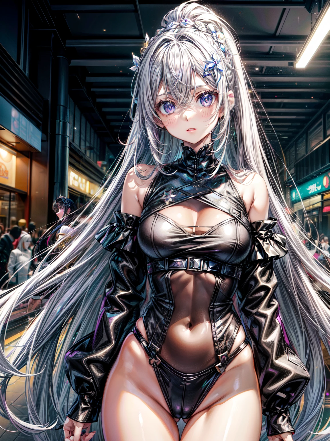 Emilia re:zero, purple eyes, Emilia, crown braid, x hair ornament, flower hair ornament, white hair, long hair, medium breasts, ((Masterpiece)), best quality, absurderes, ultra detailed, holographic, cowboy shot, golden ratio, super cute girl, mature girl, idol girl, super beautiful asian girl with very beautiful violet glowing eyes, beautiful glowing brown multicolored hair, high ponytail, nice and sexy body, slim body, perfect body, wearing a super tight anime printed leotard, an anime printed super tight off shoulder long sleeve crop top, a super aesthetic transparent mini jacket, beautiful hair ornament, pink jordan tennis, being photographed in a mall shop with her handsome skinny boyfriend, with black messy black glowing hair, and super casual clothing