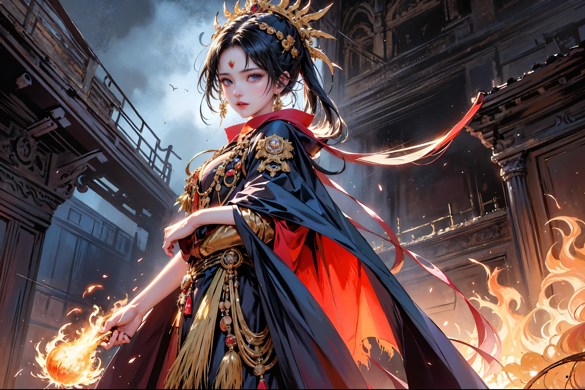 A dark fantasy masterpiece, featuring a beautiful woman, a Phoenix sorceress, wearing a majestic cloak of glowing feathers. A mixture of fiery colors such as red, orange and gold, the cloak gives off a warm, pulsating glow, as if it comes to life under the firelight. Her full-body shot is skillfully combined with a portrait photo, drawing the viewer into a magical transformational experience. The striking contrast between the burning feathers and the dark, mysterious background of the ancient temple creates a mesmerizing atmosphere, leaving an unforgettable impression. Realistic, complete, professionally edited top-rated movie poster photo.