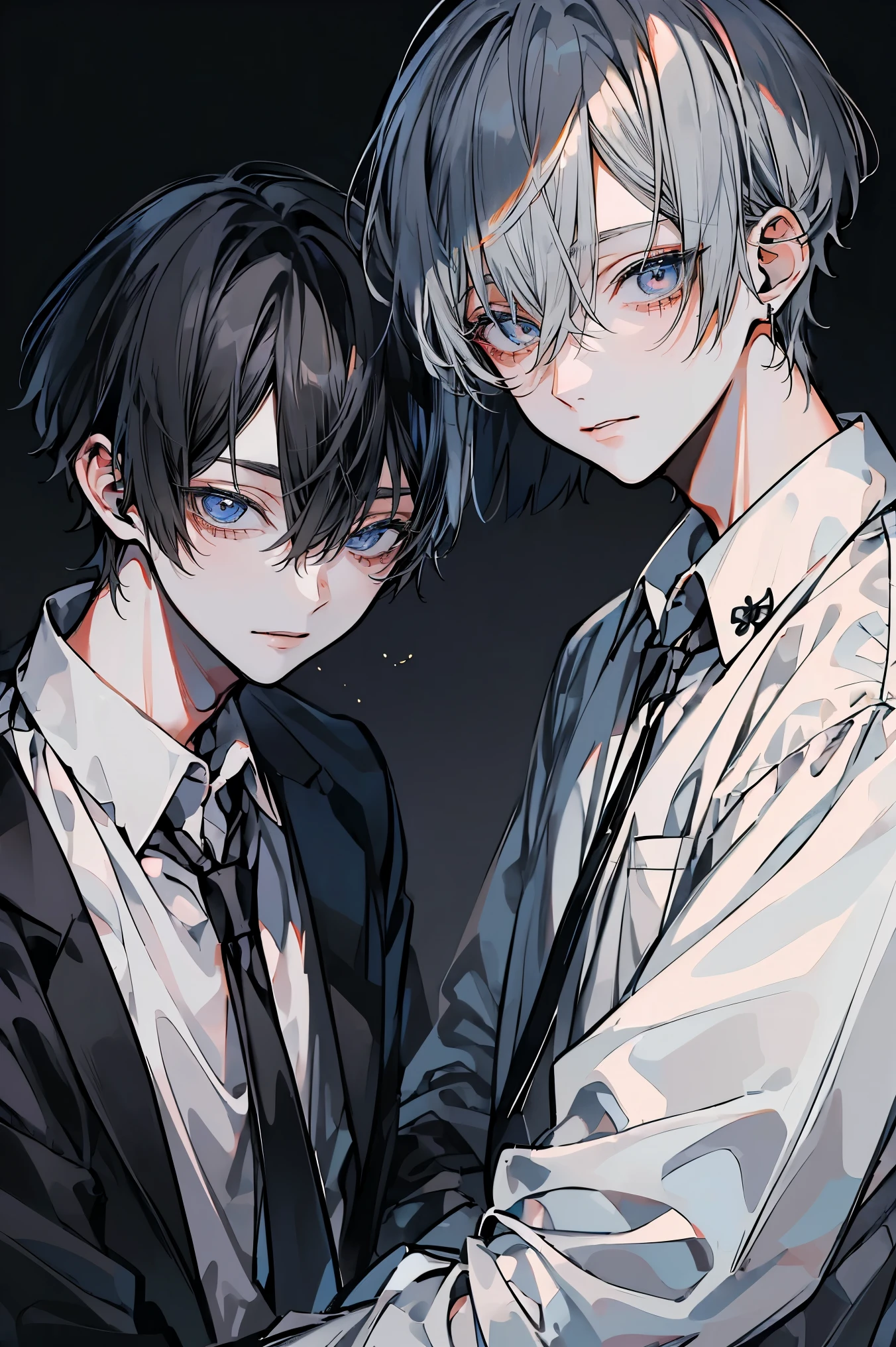 (Mastepiece)、(Best Quality)、Very detailed、((Two close boys:1.5))、Perfect Face、Beautiful Face、Very detailedな顔、4K、8K、(Black-haired man:1.3)、(Grey-haired man:1.3)、shirt、(smile:1.2)