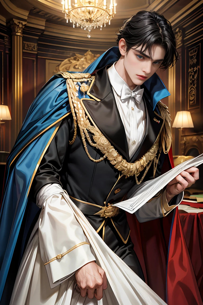 
masterpiece, 最high quality, high quality, 1 boy, alone, Male focus, Watching the audience,  Messy black hair, Adorable big blue eyes, White, Noble, Noble,Sexy voluminous cape、Tuxedo、A very voluminous, large, very large, very large, long, long red and black cape with a high stand-up collar, reaching down to the floor, made of a lot of fabric., ,Cute beautiful boys,Cute, cute, kind, handsome guy