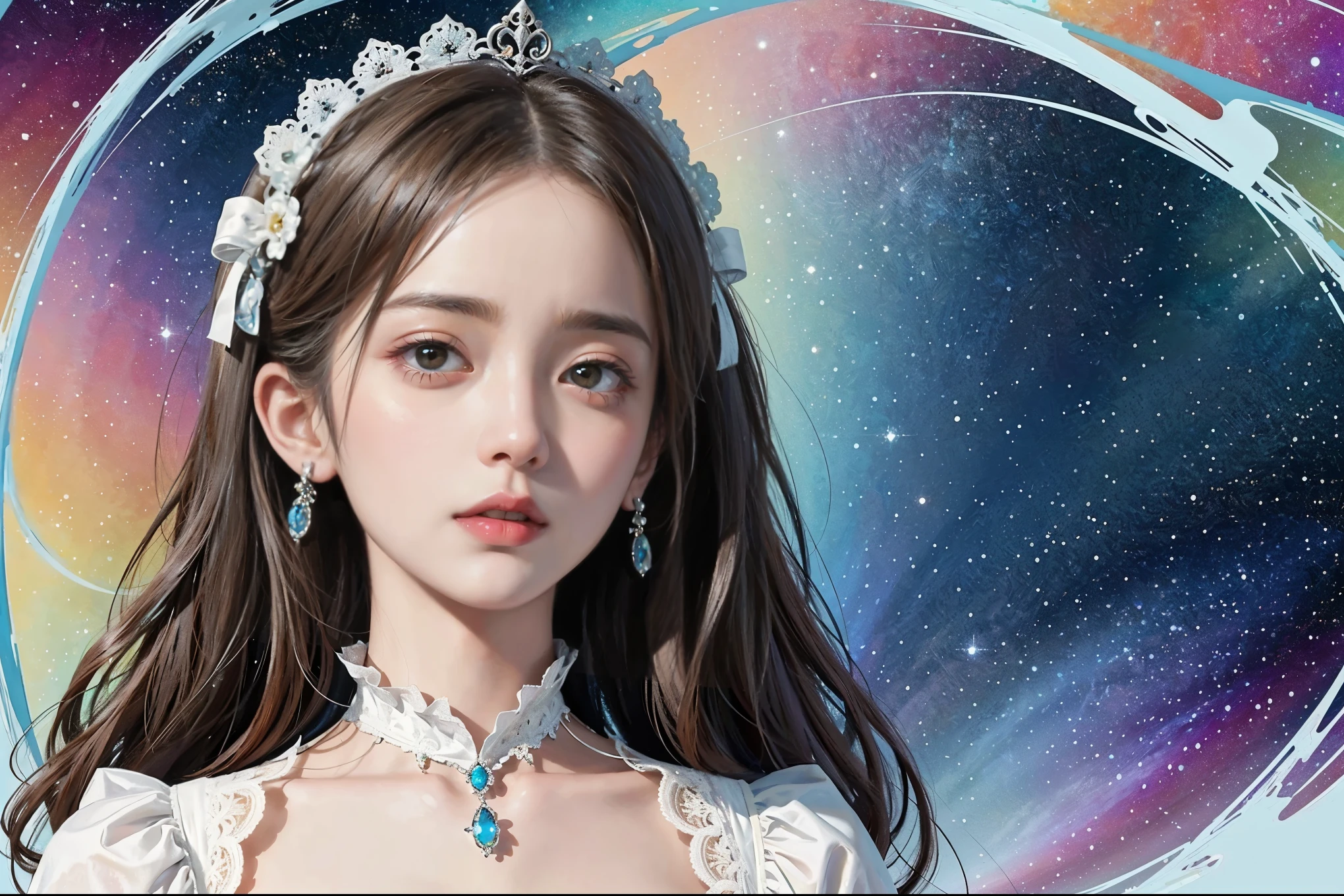 This photo also has elements of (Fractal Art: 1.3) and is captured in the details of (colorful colors), white elegance, and a beautiful woman in a Gothic Lolita outfit looking up at the rainy sky with a melancholy expression. High quality, high resolution, masterpiece.