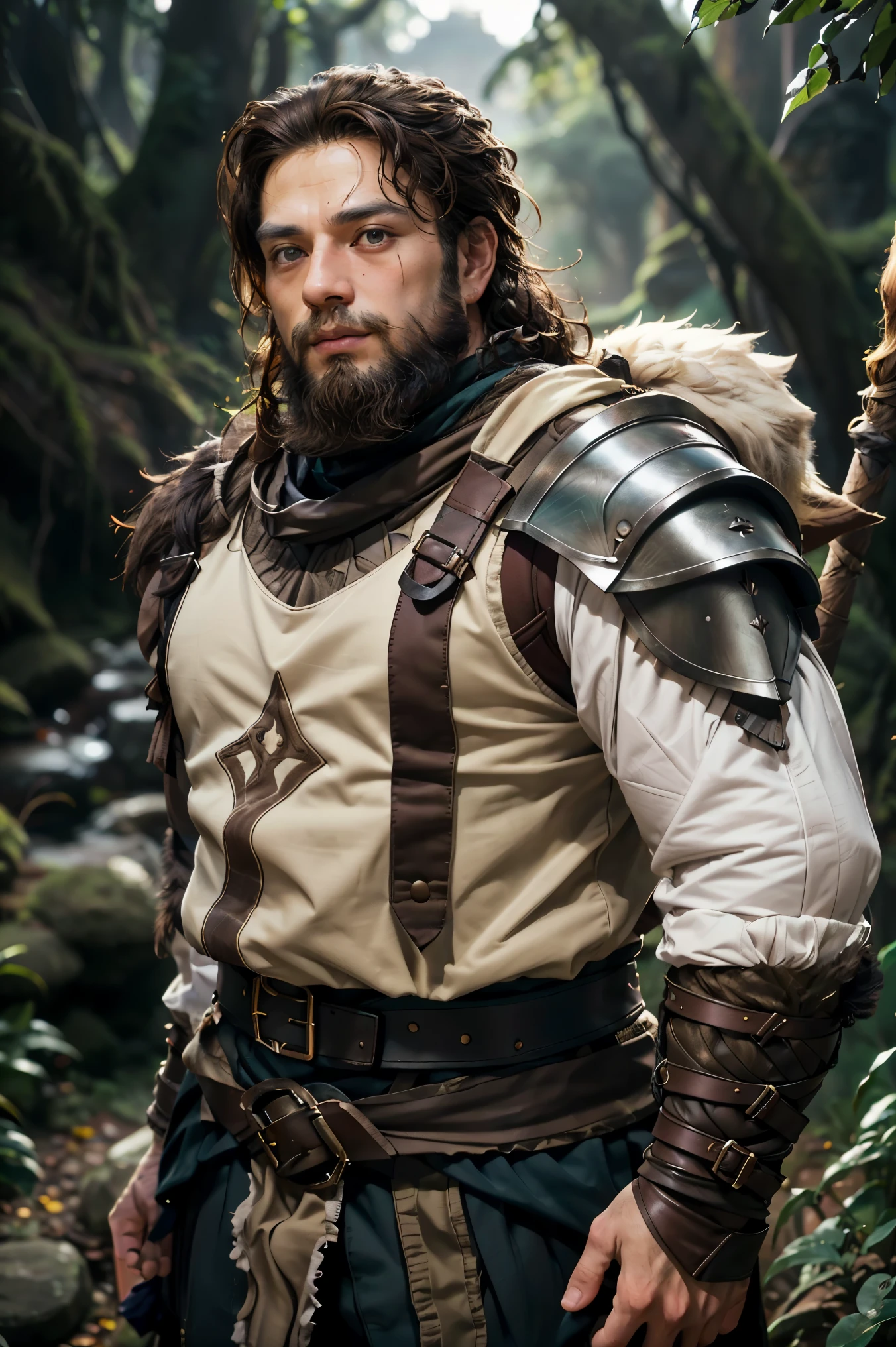 1man, Matching Outfits, (Fantasy Character Sheet, Front, Back, Side, Rear), dwarf, burly, weathered face, thick beard. Sunken brown eyes, Wise and resistant expression. Muscular build, Compact height. Practical clothing in the wild, sturdy backpack, essential supplies. (Masterpiece:1.2), (Best quality:1.3).