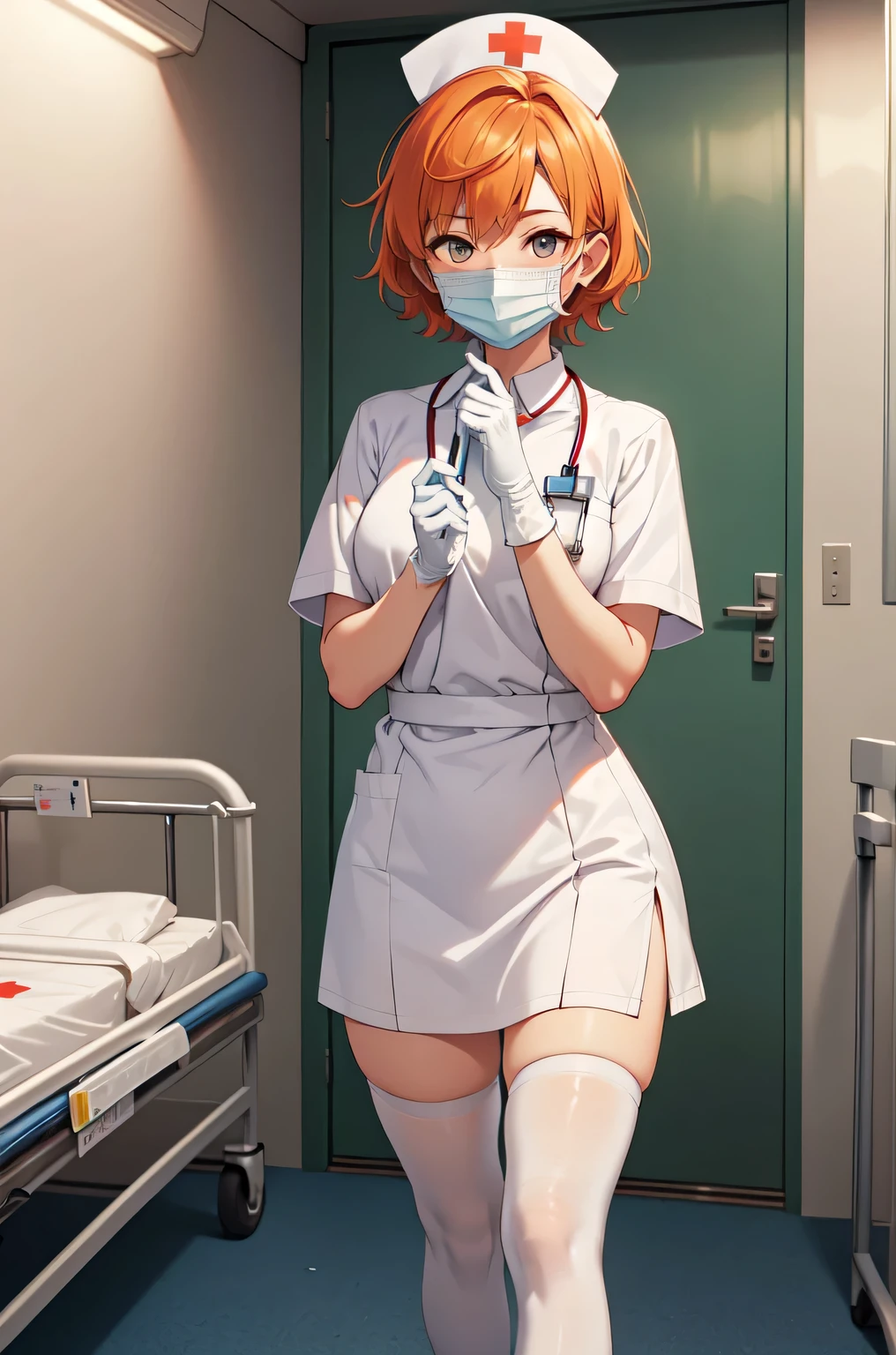 1girl, solo, nurse, nurse cap, white nurse uniform, ((white legwear, zettai ryouiki)), white gloves, very short hair, orange hair, ((white surgical mask, covered nose)), standing, ((hospital room)), sharp outline, short sleeves, tomboy, boyish, best quality, masterpiece