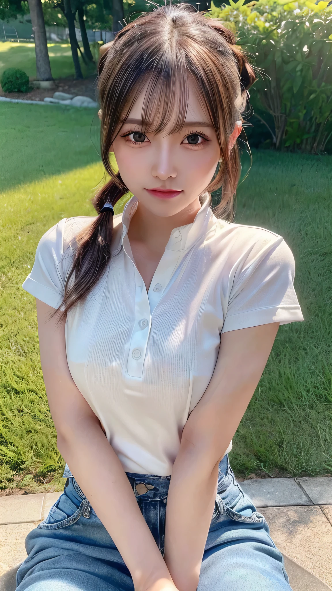 White collared shirt and jeans,outdoors,Urban Park,On the lawn,Ultra-detailed, finely detail, hight resolution, 8K Wallpaper, Perfect dynamic composition, Beautiful detailed eyes,Outdoor,Close-up of face,Outdoor,Blushing,Facing forward,,Long hair ponytail,((8K, Raw photo, Best Quality, Mastepiece:1.2), (Realism, Photorealistic:1.4), (Highly detailed 8k wallpaper), Depth of written boundary, Cinematic Lighting, Soft Light, Detailed Beauty Eye,Shiny and smooth light brown ponytail, Asymmetrical bangs, Shiny skin, Ultra-detailed skins ,It is high resolution., High detail, Detailed hairstyle, Detailed facial beauty, Hyper-realistic, Perfect limbs, Perfect Anatomy ,1 Japanese girl,Famous Japanese Idols, Perfect female body,A shy smile,Short eyelashes,Double-edged eyelids,Look straight here,Hair style: ponytail,