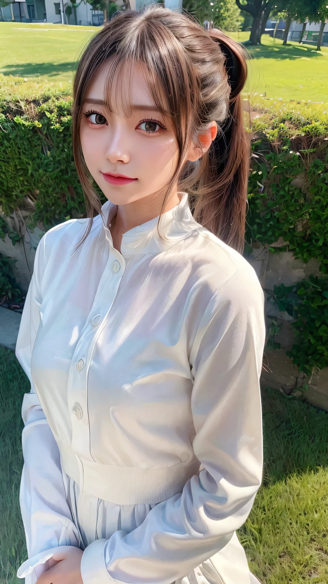 White collared shirt and jeans,outdoors,Urban Park,On the lawn,Ultra-detailed, finely detail, hight resolution, 8K Wallpaper, Perfect dynamic composition, Beautiful detailed eyes,Outdoor,Close-up of face,Outdoor,Blushing,Facing forward,,Long hair ponytail,((8K, Raw photo, Best Quality, Mastepiece:1.2), (Realism, Photorealistic:1.4), (Highly detailed 8k wallpaper), Depth of written boundary, Cinematic Lighting, Soft Light, Detailed Beauty Eye,Shiny and smooth light brown ponytail, Asymmetrical bangs, Shiny skin, Ultra-detailed skins ,It is high resolution., High detail, Detailed hairstyle, Detailed facial beauty, Hyper-realistic, Perfect limbs, Perfect Anatomy ,1 Japanese girl,Famous Japanese Idols, Perfect female body,A shy smile,Short eyelashes,Double-edged eyelids,Look straight here,Hair style: ponytail,