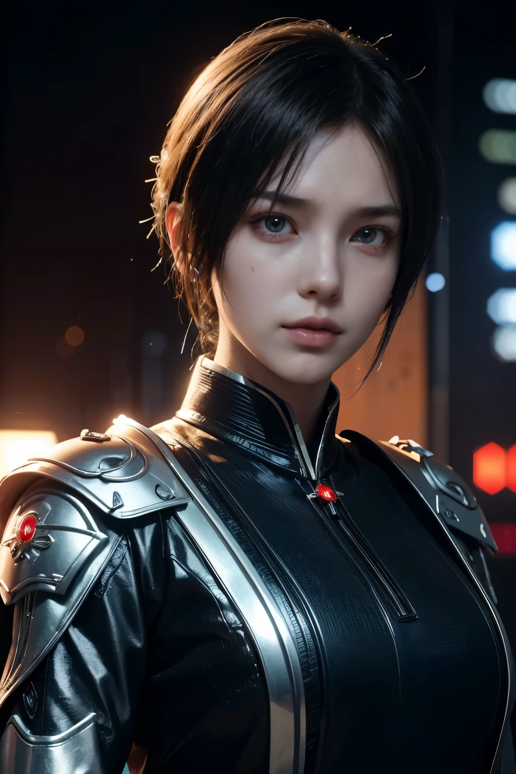 masterpiece,The best qualities,Very high resolution,8K,((portrait)),((head close-up)),original photo,real photo,digital photography, (Cyberpunk-style future world female police officer),(fighting girl),22 year old girl,(white random short hair),eyes rich in detail,((teardrop nevus)),lip gloss,(elegant and attractive,cold and noble),(Futuristic combat uniform full of mechanical style,Clothing that combines the characteristics of police uniforms,cool badge,Clothes with complex patterns,Shining gemstones,joint armor,metallic lusters,red and white),cyberpunk character,futuristic style, Photo Pose,street background,movie lights,ray tracing,game CG,((3D Unreal Engine)),oc rendering reflection texture