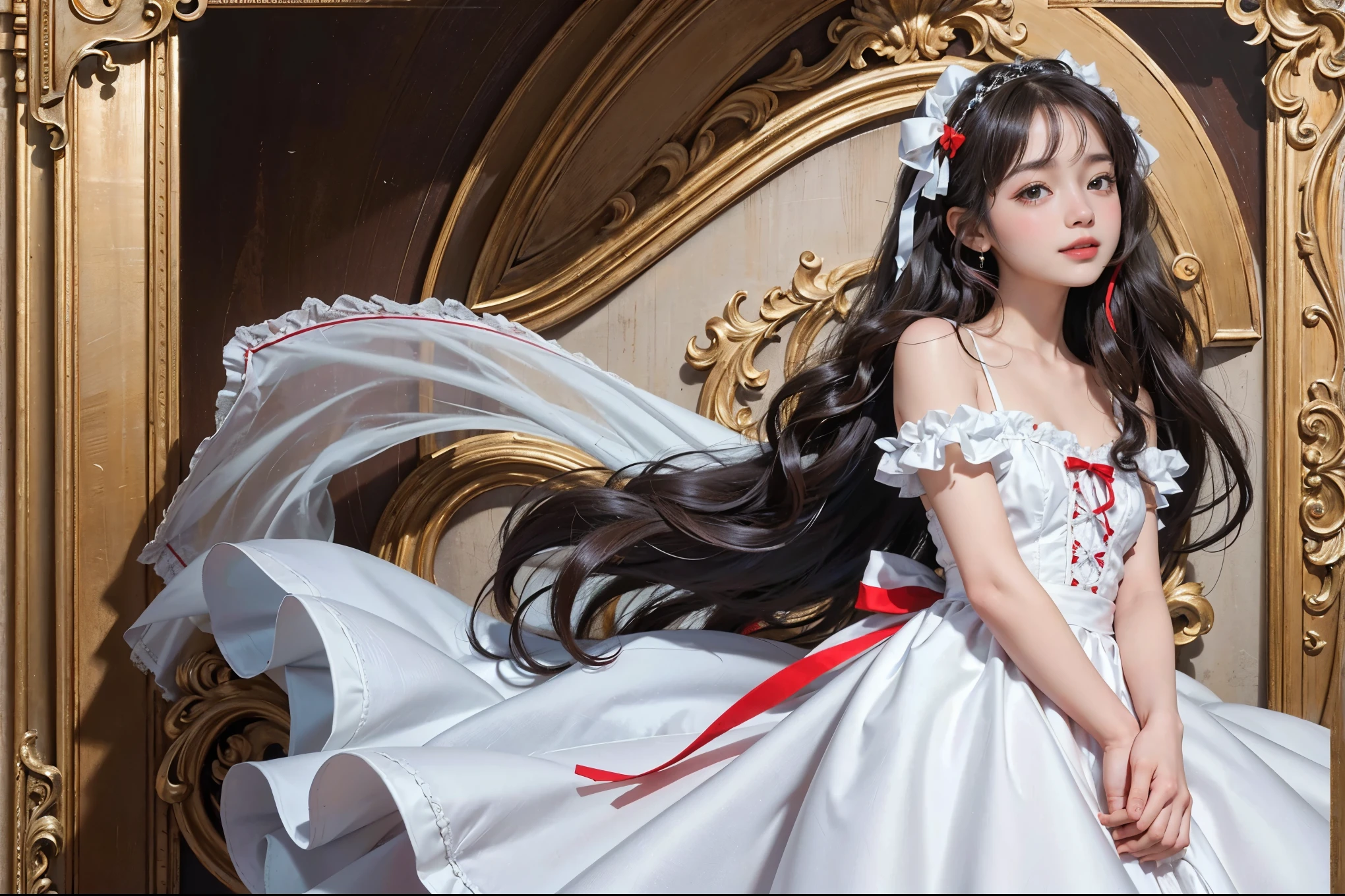 High quality, high resolution, masterpiece, detailed movie photo poster image. A young beautiful woman is wearing a white dress and has a big red ribbon on her black curly hair. In her arms she is holding a small and cute white teddy bear. Her expression is happy and smiling innocent. This picture contains vivid colors, luster, sweetness, surreal and fantasy elements.