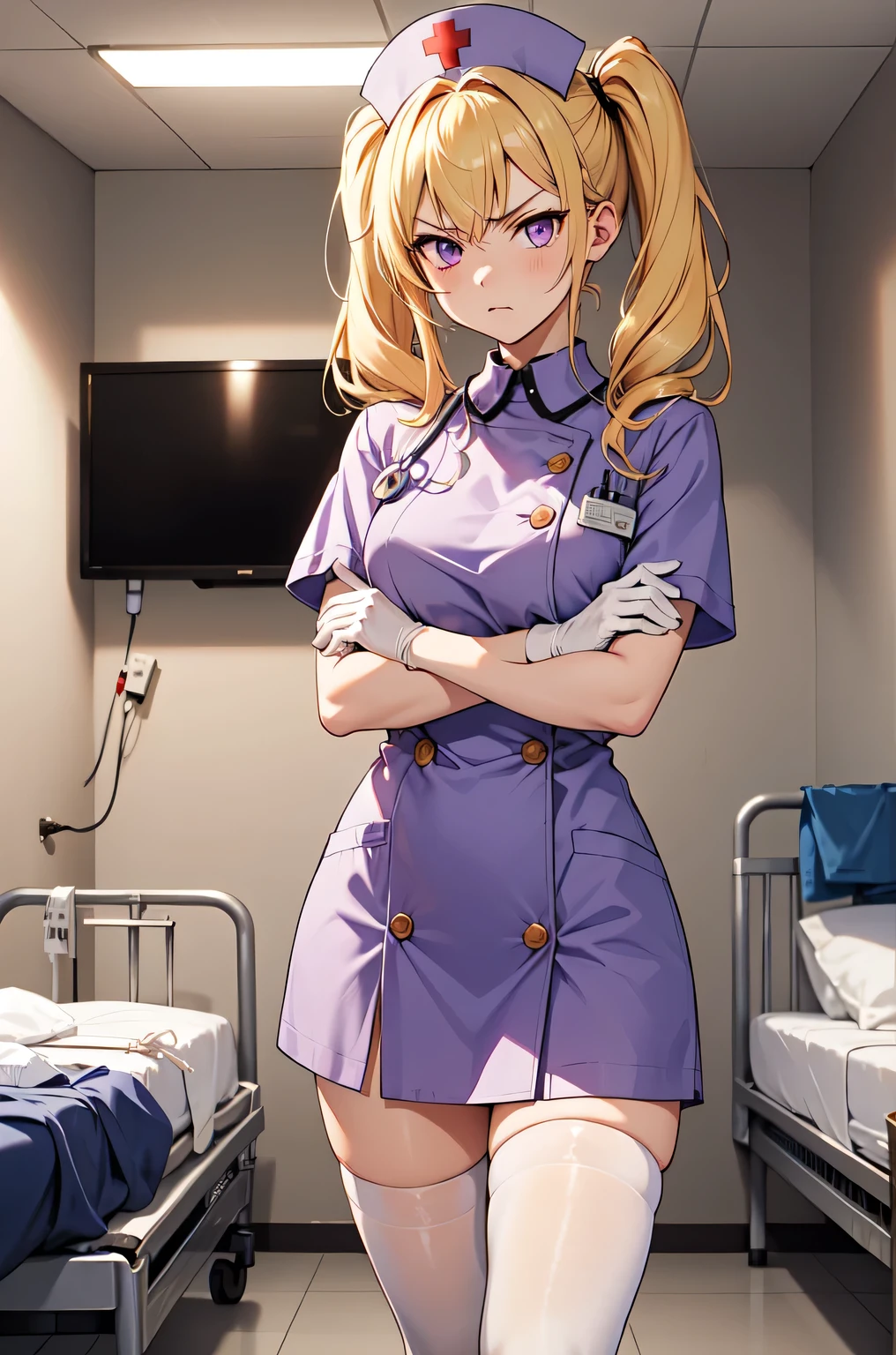 1girl, solo, nurse, nurse cap, white nurse uniform, ((white legwear, zettai ryouiki)), white gloves, twintails, yellow hair, purple eyes, angry, crossed arms, standing, ((hospital room)), sharp outline, short sleeves, best quality, masterpiece