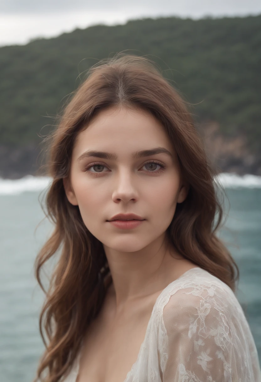 Illustration of a girl, face in clear outline, by the sea, where is the forest on the coast