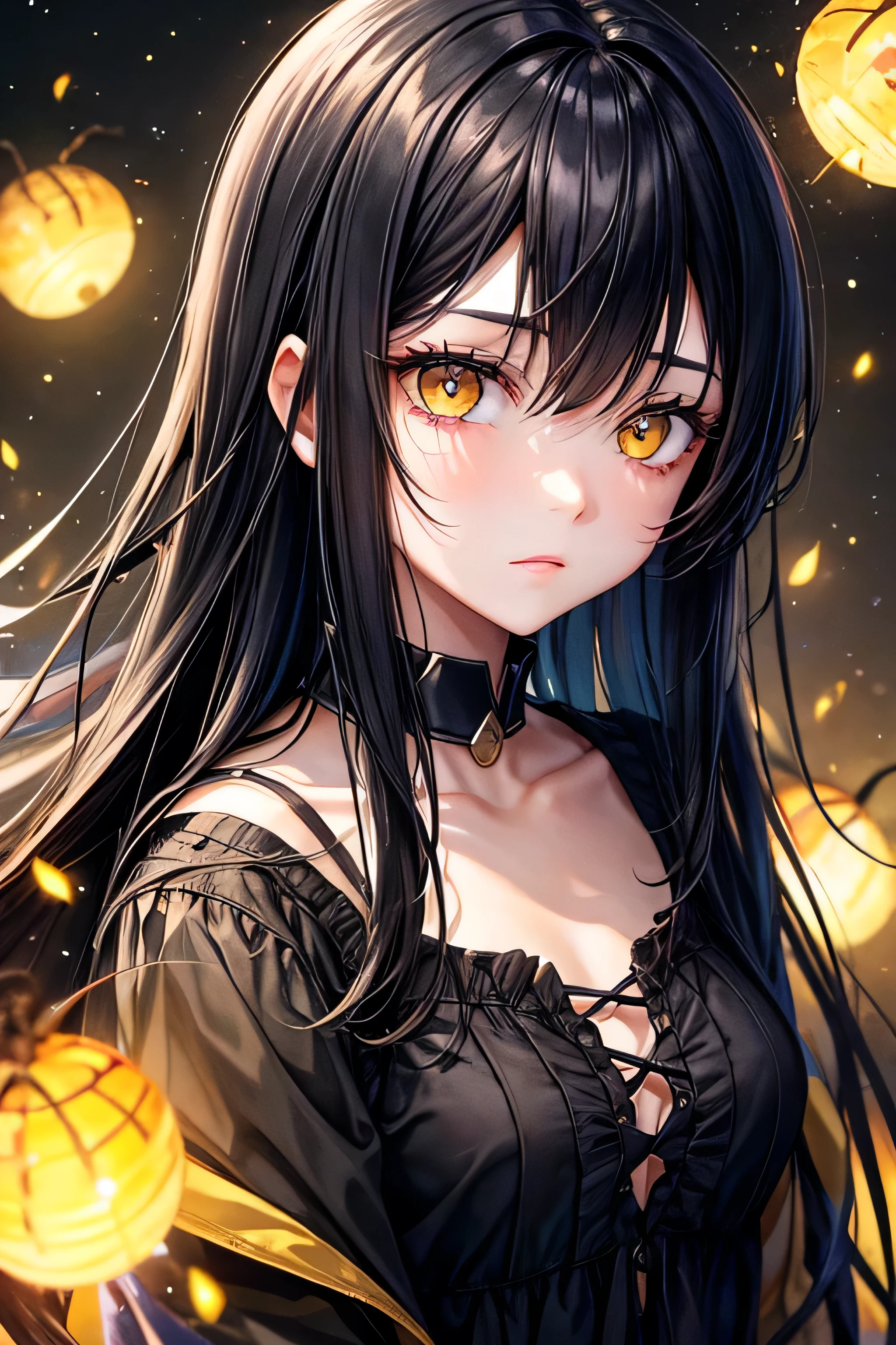 Lots of fireflies surround a girl with black hair and yellow eyes 